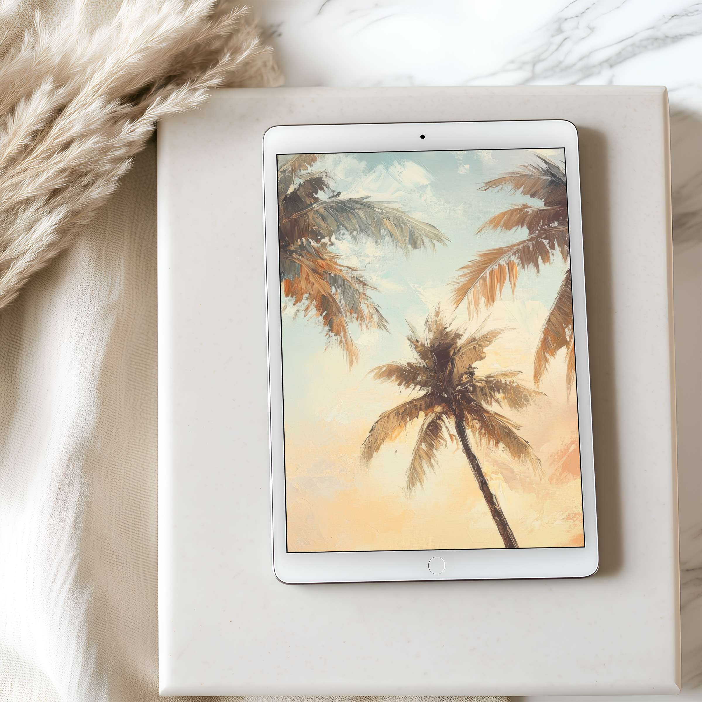 Elegant tablet wallpaper featuring serene palm art in soft pastels, ideal for iPad or Android, available as a high-resolution download