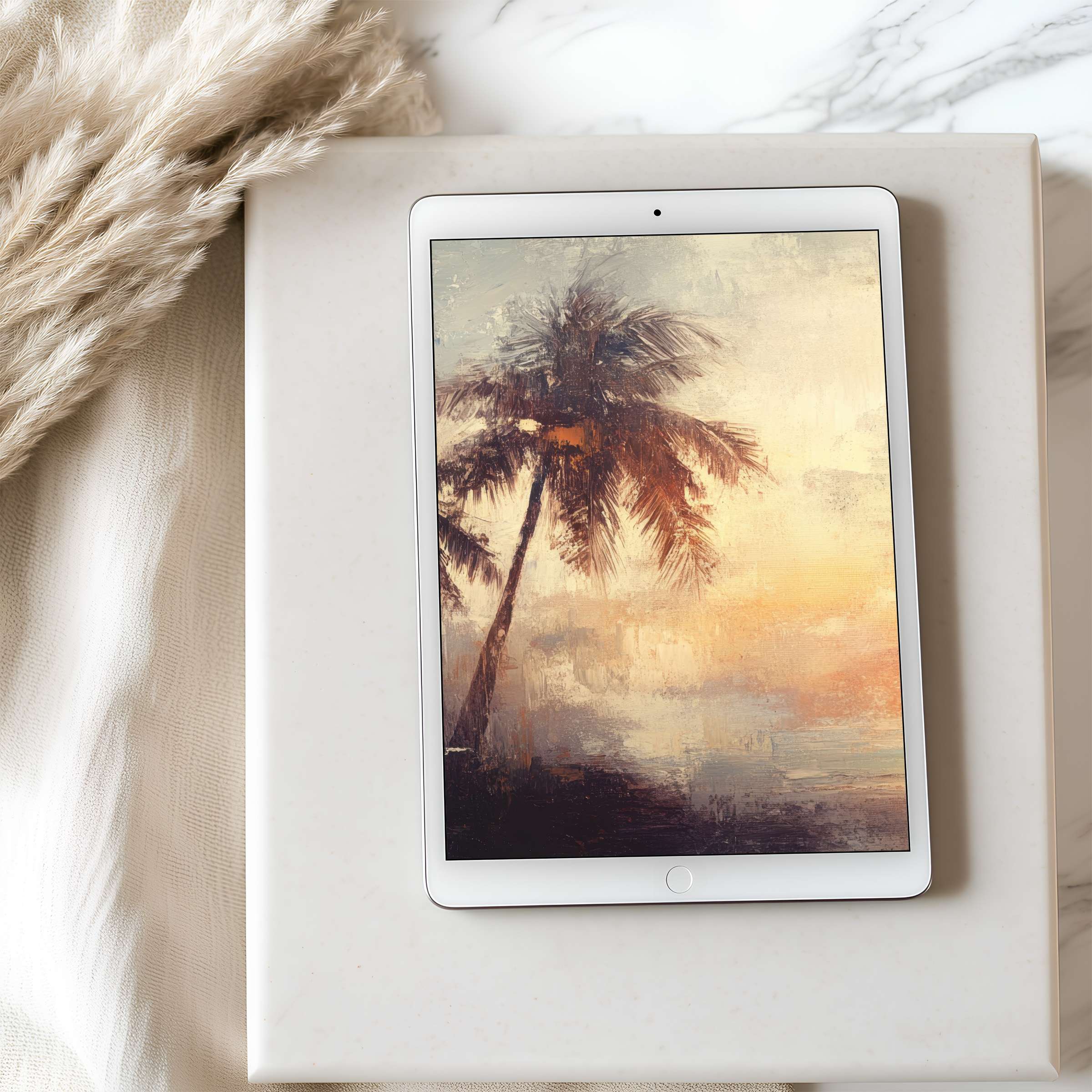 Elegant tablet wallpaper featuring a serene palm silhouette against a sunset, perfect for a curated, calming iPad display, digital download
