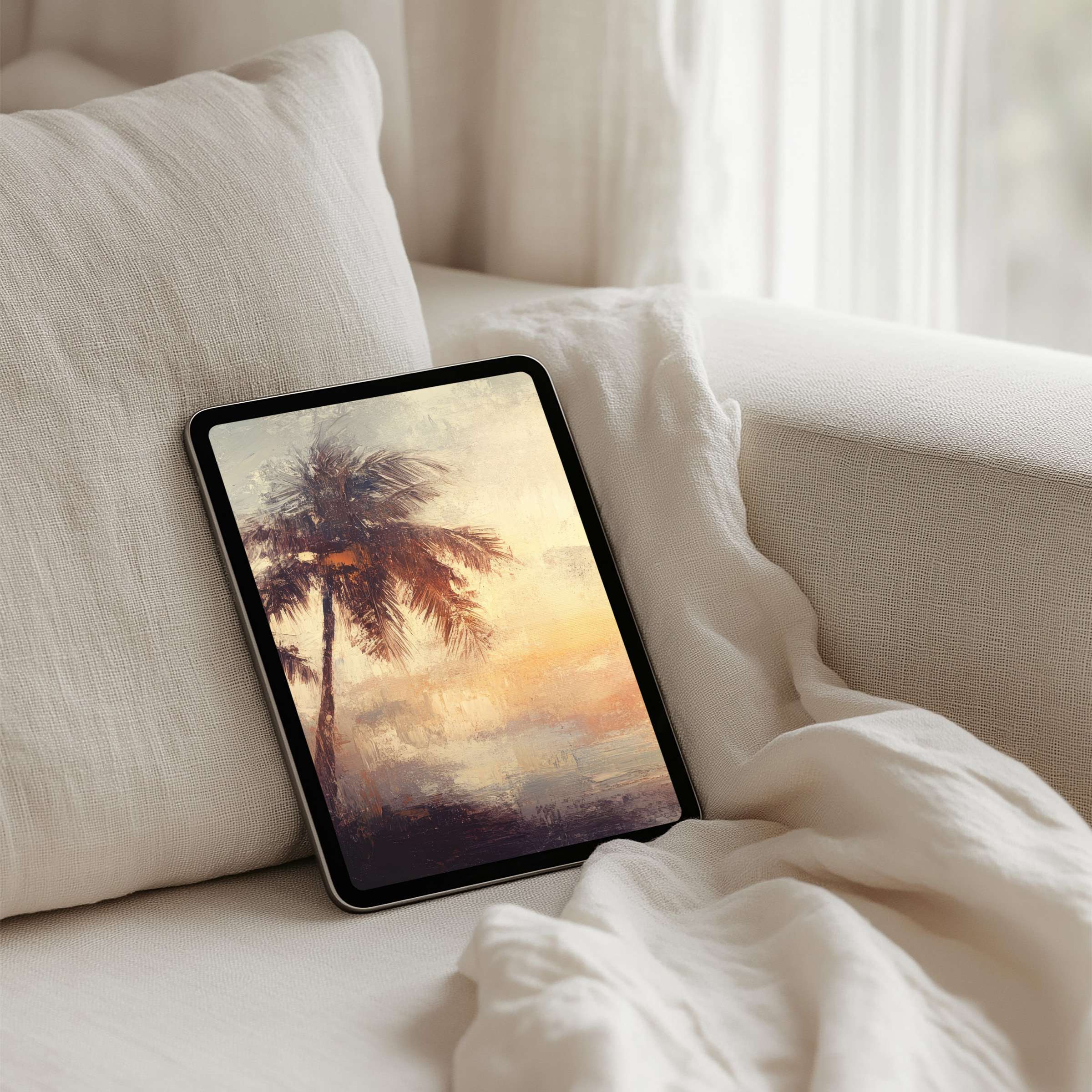 Elegant iPad background with serene sunset and palm art offers instant download for tablet users seeking calm, inspiring aesthetics