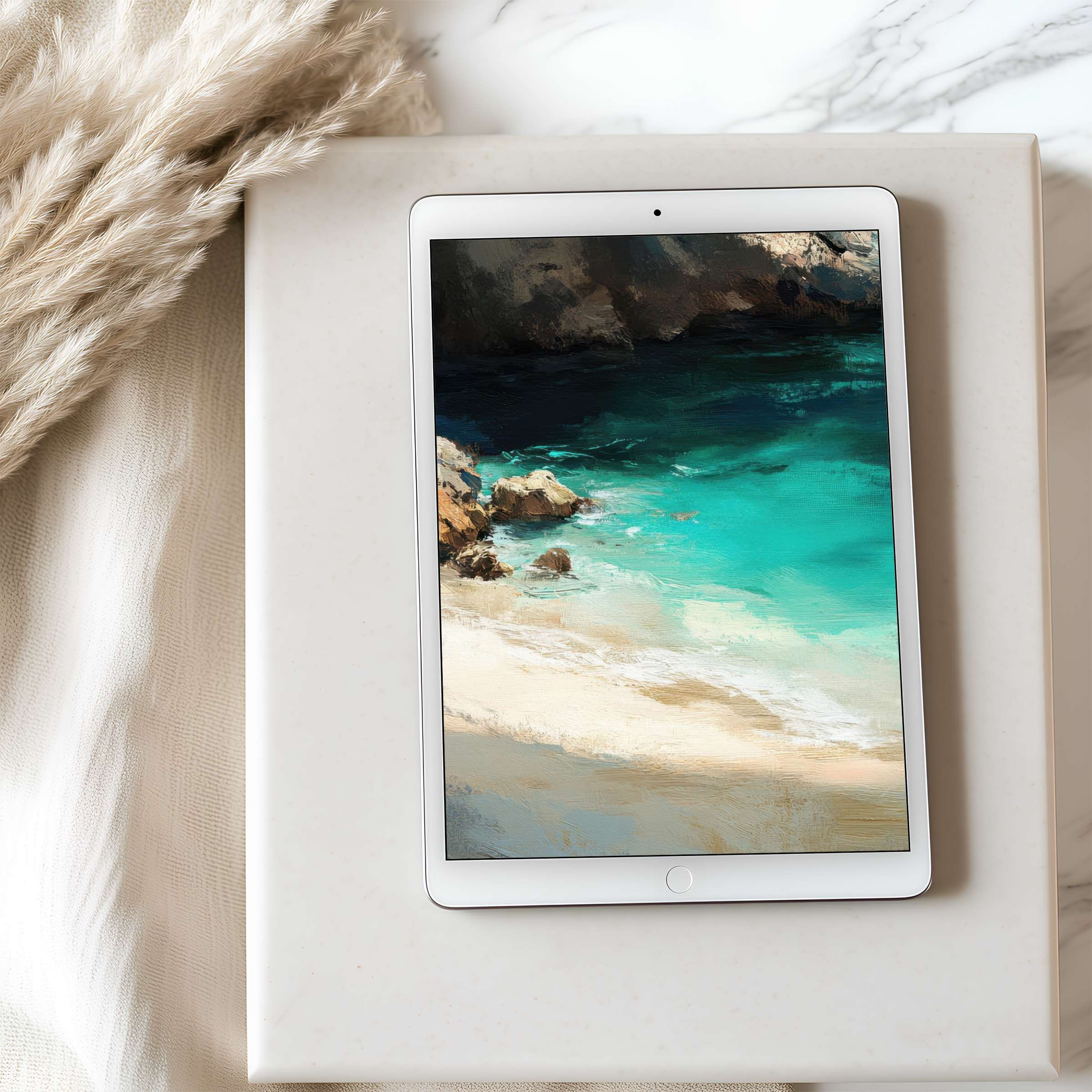 Elegant coastal tablet wallpaper featuring serene turquoise waves and sandy shores on high-resolution display suitable for iPad download