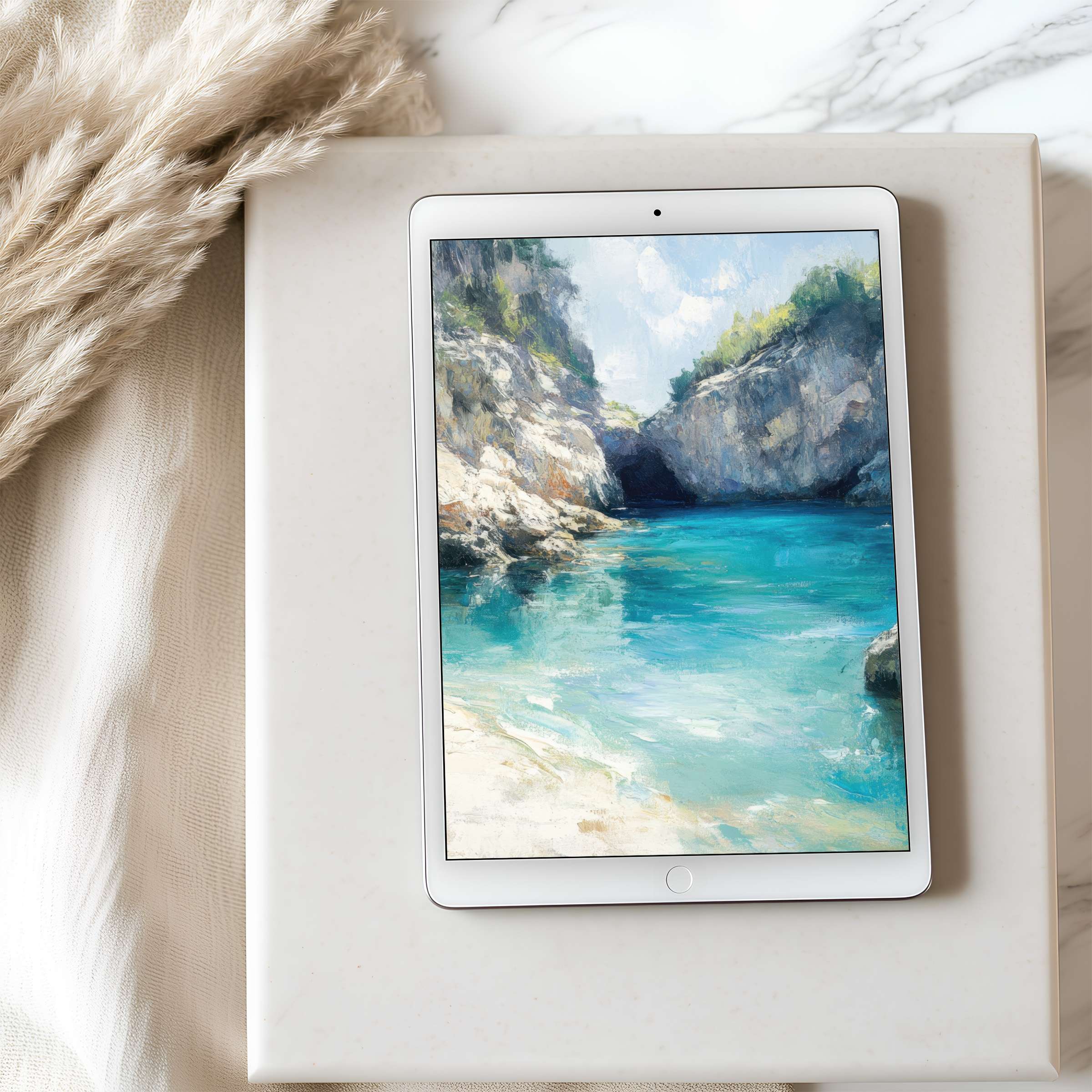 Elegant tablet wallpaper featuring serene ocean cove in impressionist style fits beautifully on iPad for high resolution digital download