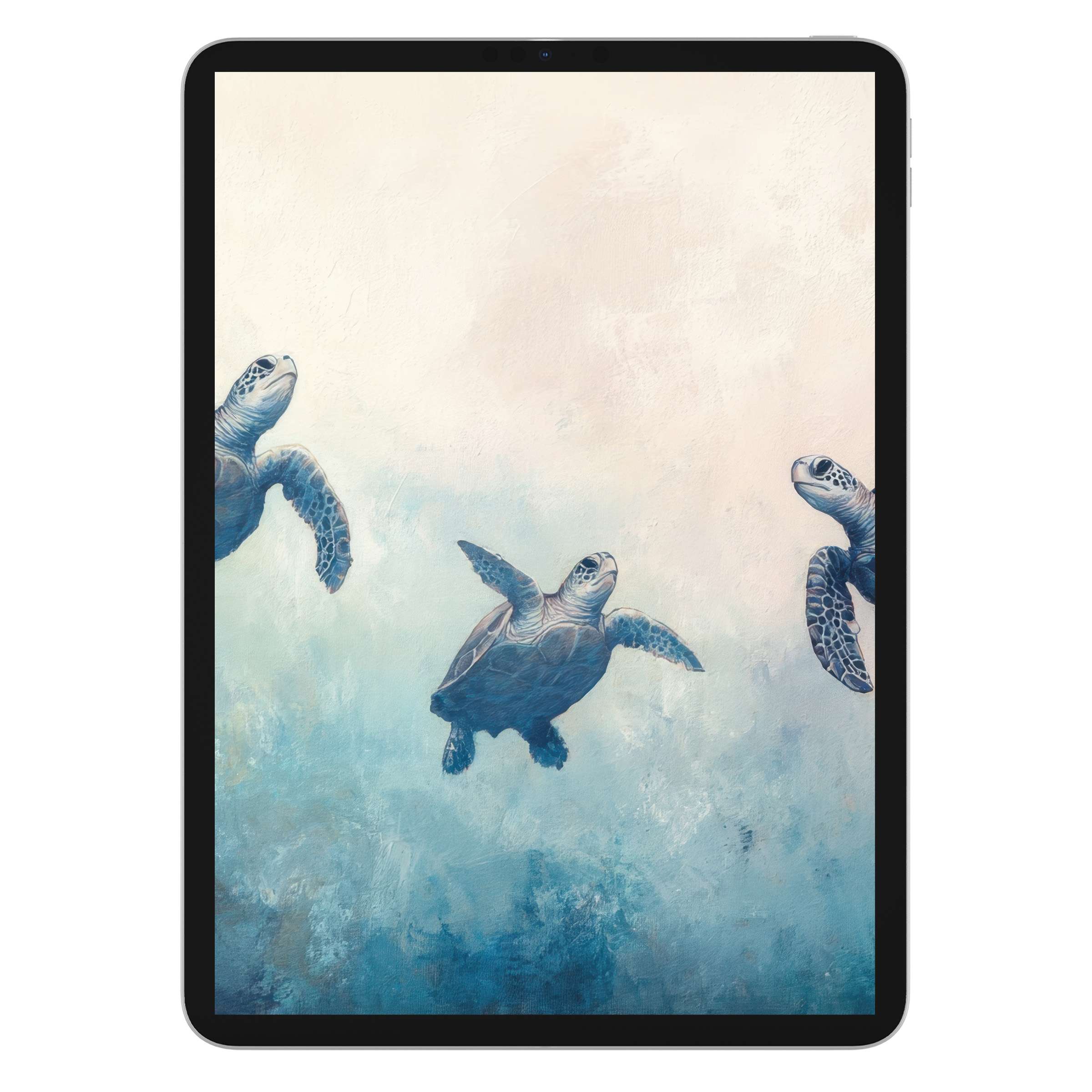 Elegant sea turtles gracefully swim in a serene ocean-inspired beach iPad wallpaper, perfect as a calming digital download tablet background