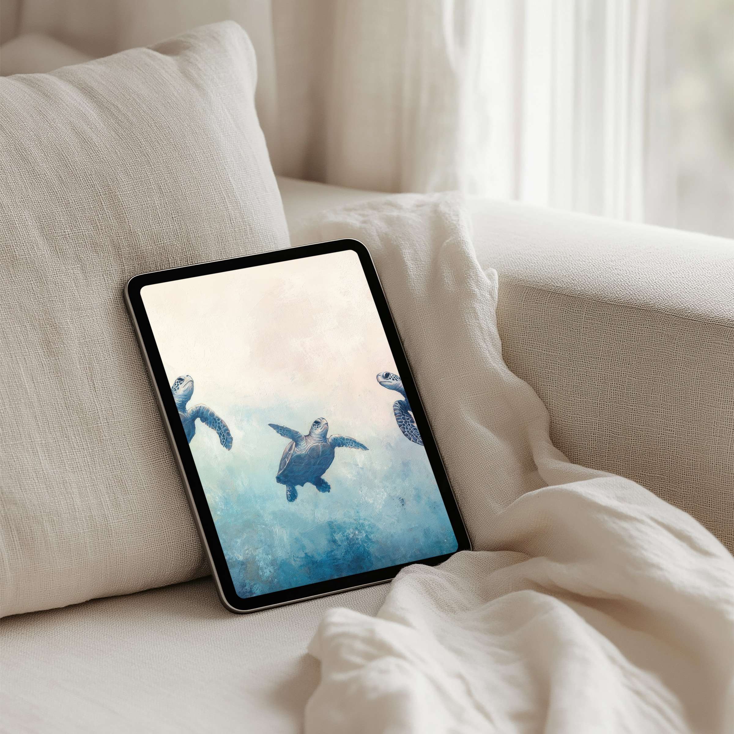 Elegant iPad background featuring serene turtles in soft blues and whites inspires calm mindfulness on any tablet with instant download