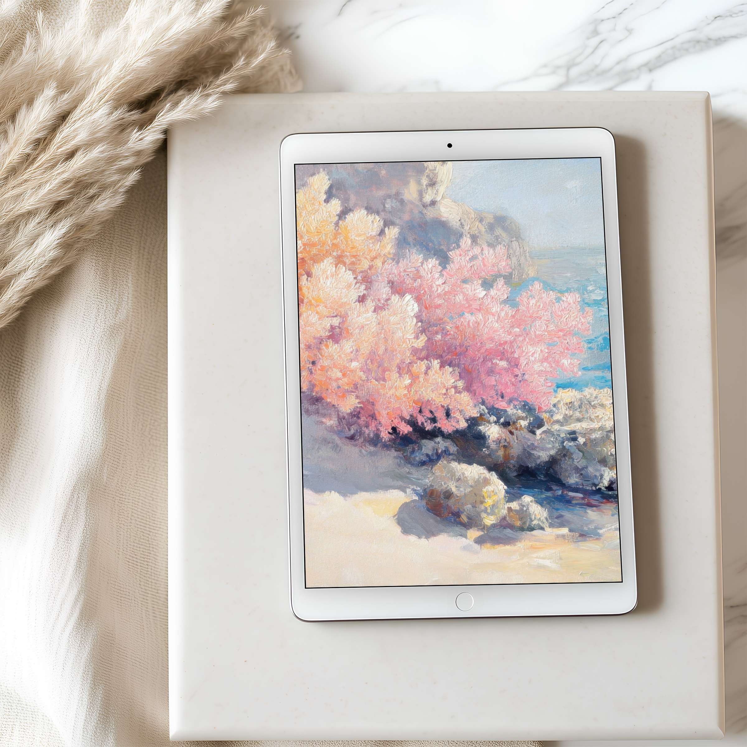 Elegant pastel landscape tablet wallpaper adds tranquility to high-resolution iPad screens perfect for sustainable digital downloads