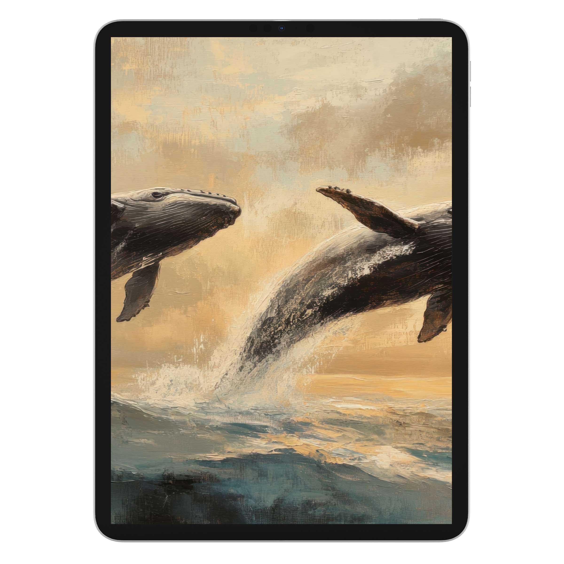 Elegant digital download of two whales leaping in serene sunset waves, perfect beach iPad wallpaper background for any tablet