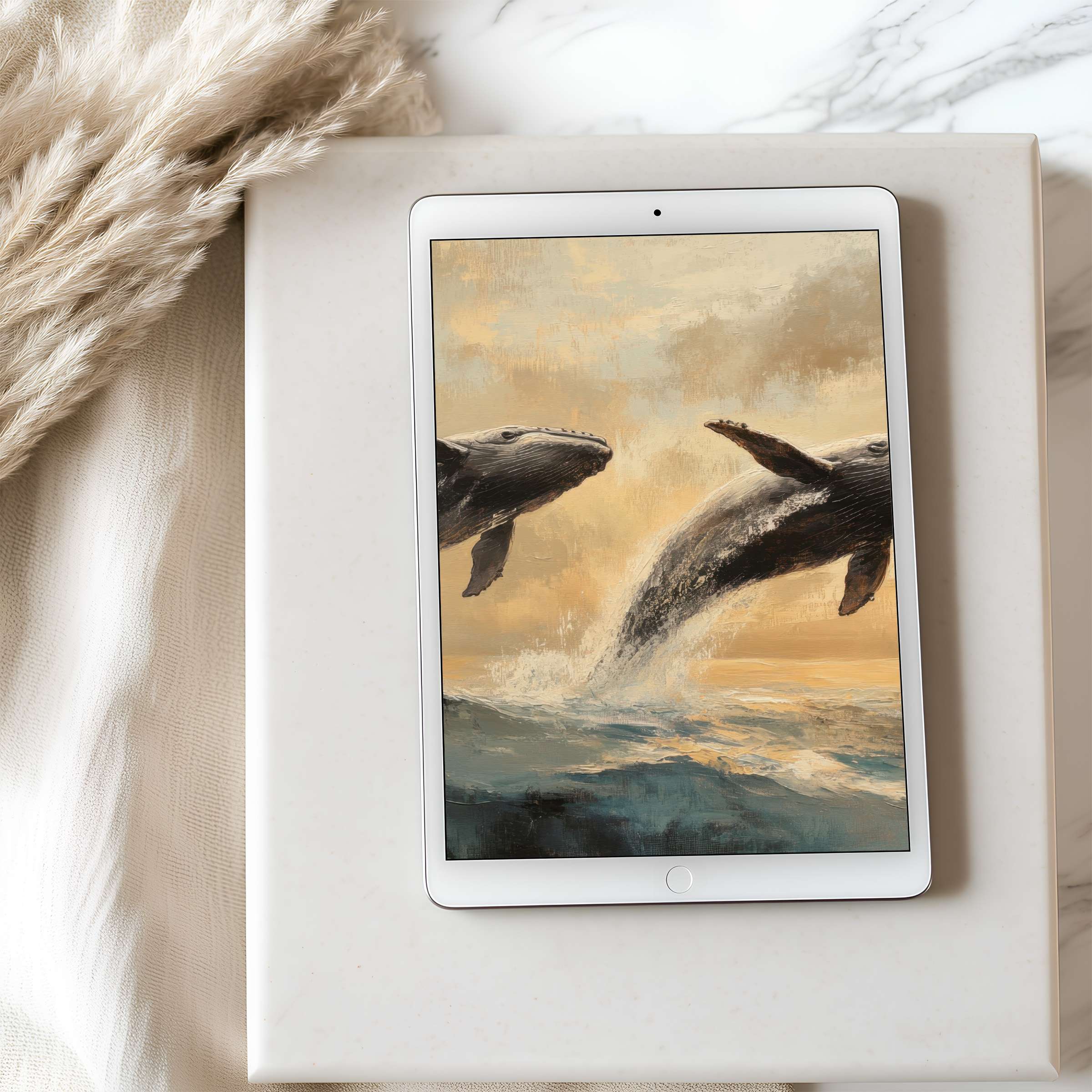 Inspire tranquility with this curated high-resolution tablet wallpaper of leaping whales, perfect for iPad and Android, digital download