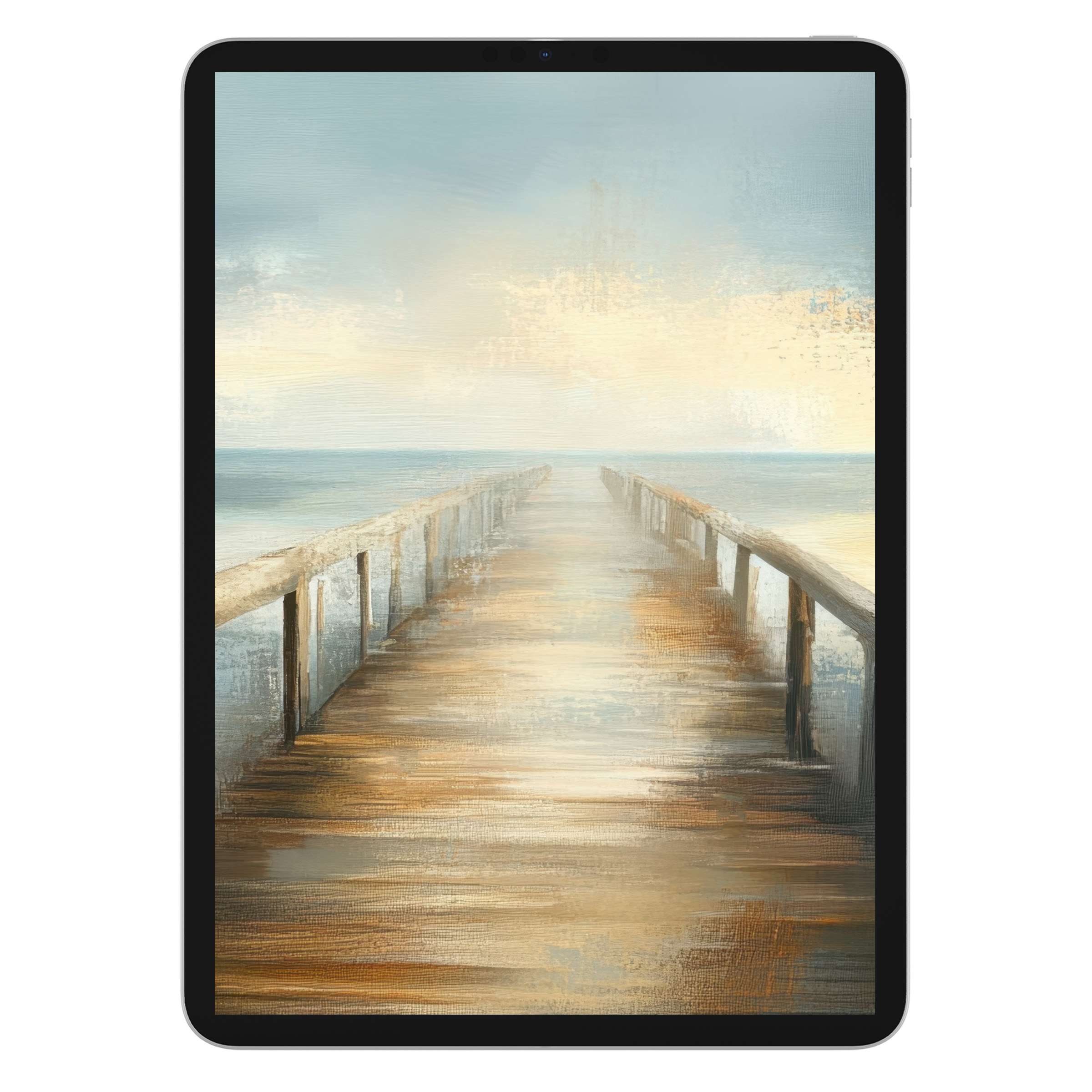 Serene beach iPad wallpaper with a painted pier, perfect digital download for a calming tablet background on any device