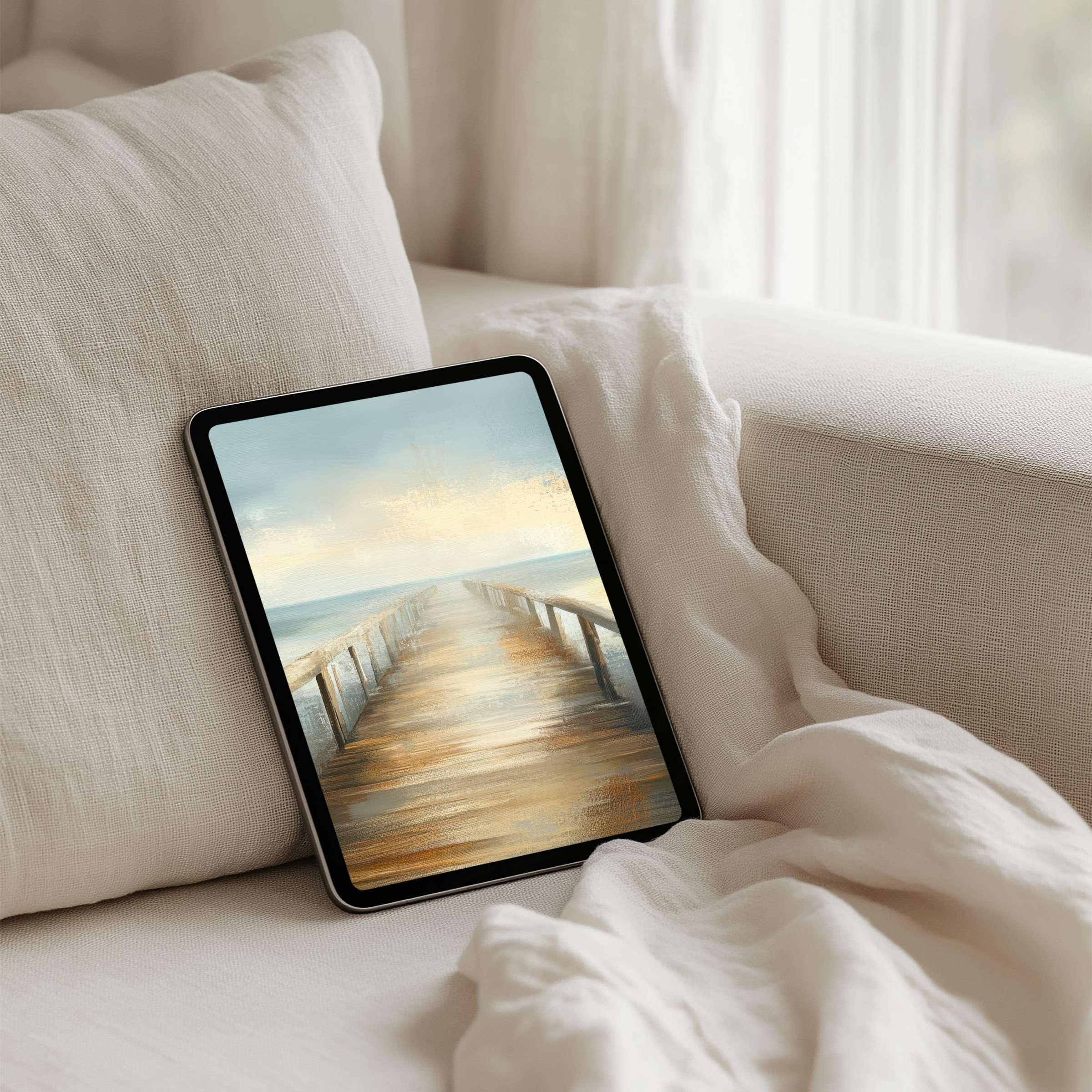 Elegant iPad background of serene ocean pier painting, perfect for relaxing tablet ambiance, available for instant download