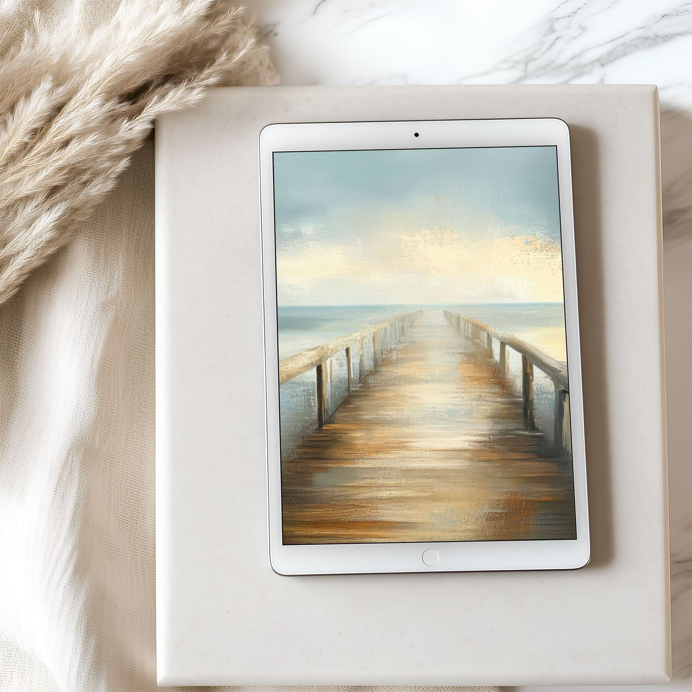 Serene sunset boardwalk painting as tablet wallpaper creates a calming ambiance for iPad and Android, available in high resolution download