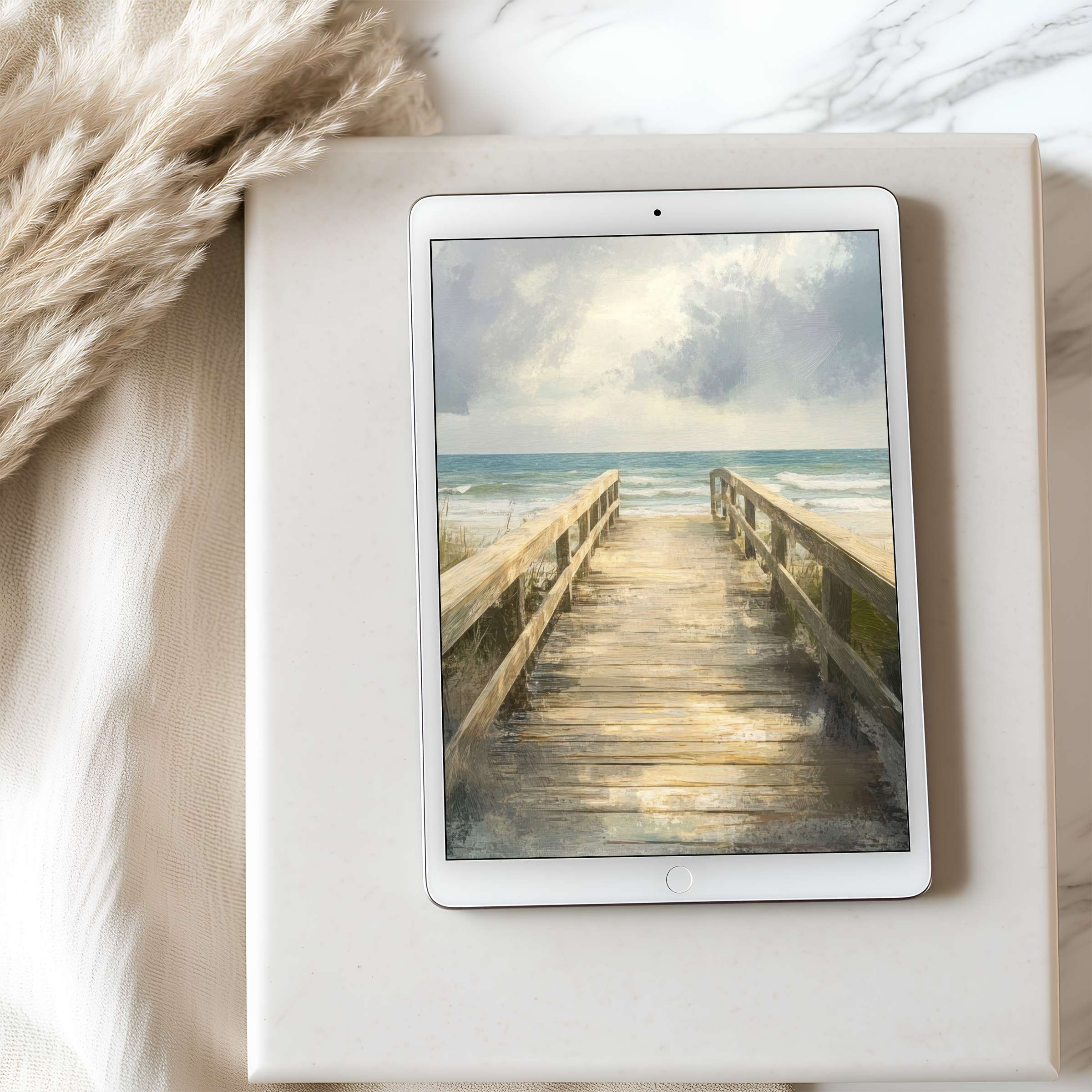 Serene seaside boardwalk tablet wallpaper in high resolution, perfect for iPad or Android download, elevating tranquil design aesthetics