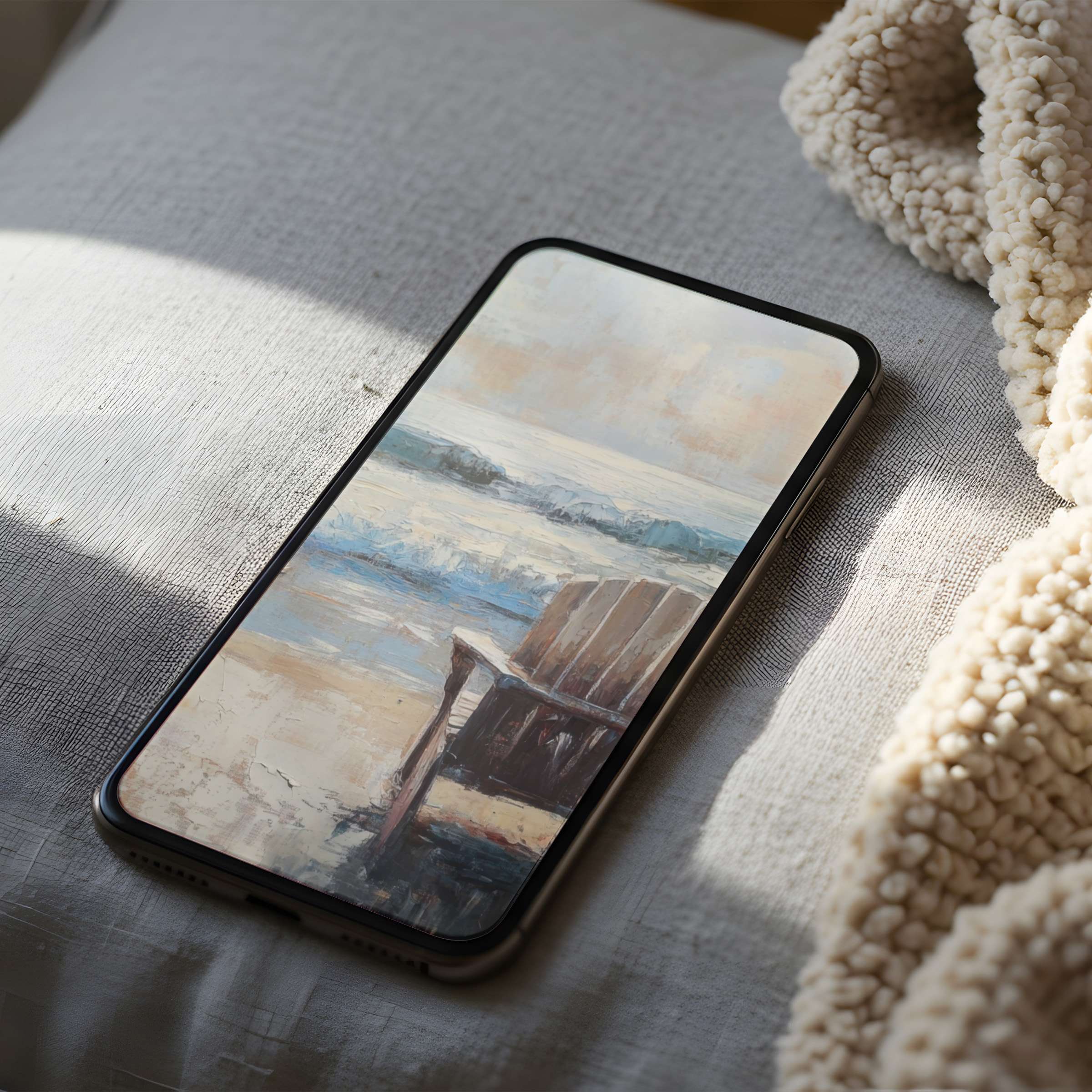 Elegant beach scene phone wallpaper with calming waves and a serene chair motif, perfect for iPhone and Android high resolution downloads