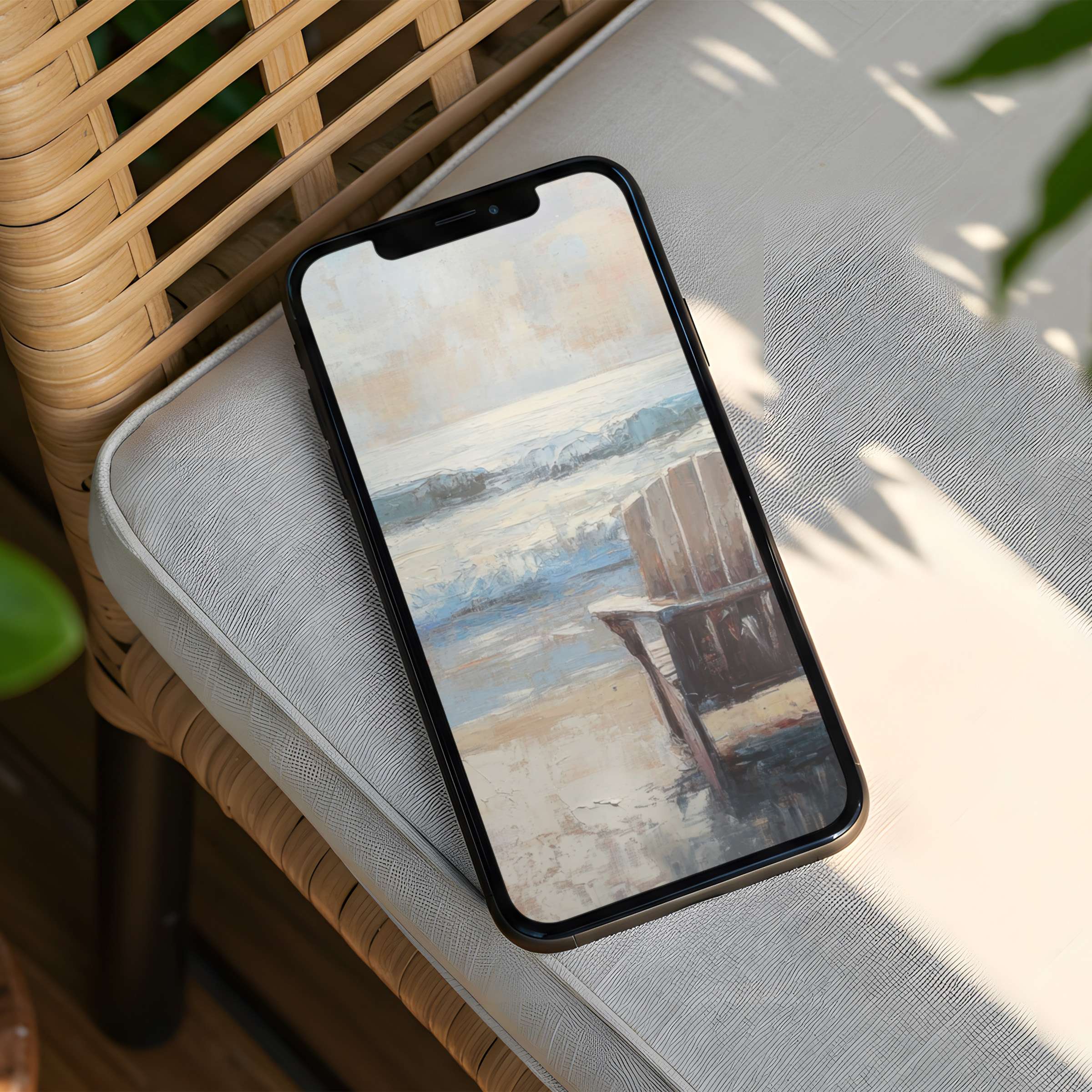 Elegant coastal iPhone background featuring serene waves and a chair evokes calm inspiration instant download for all phone users