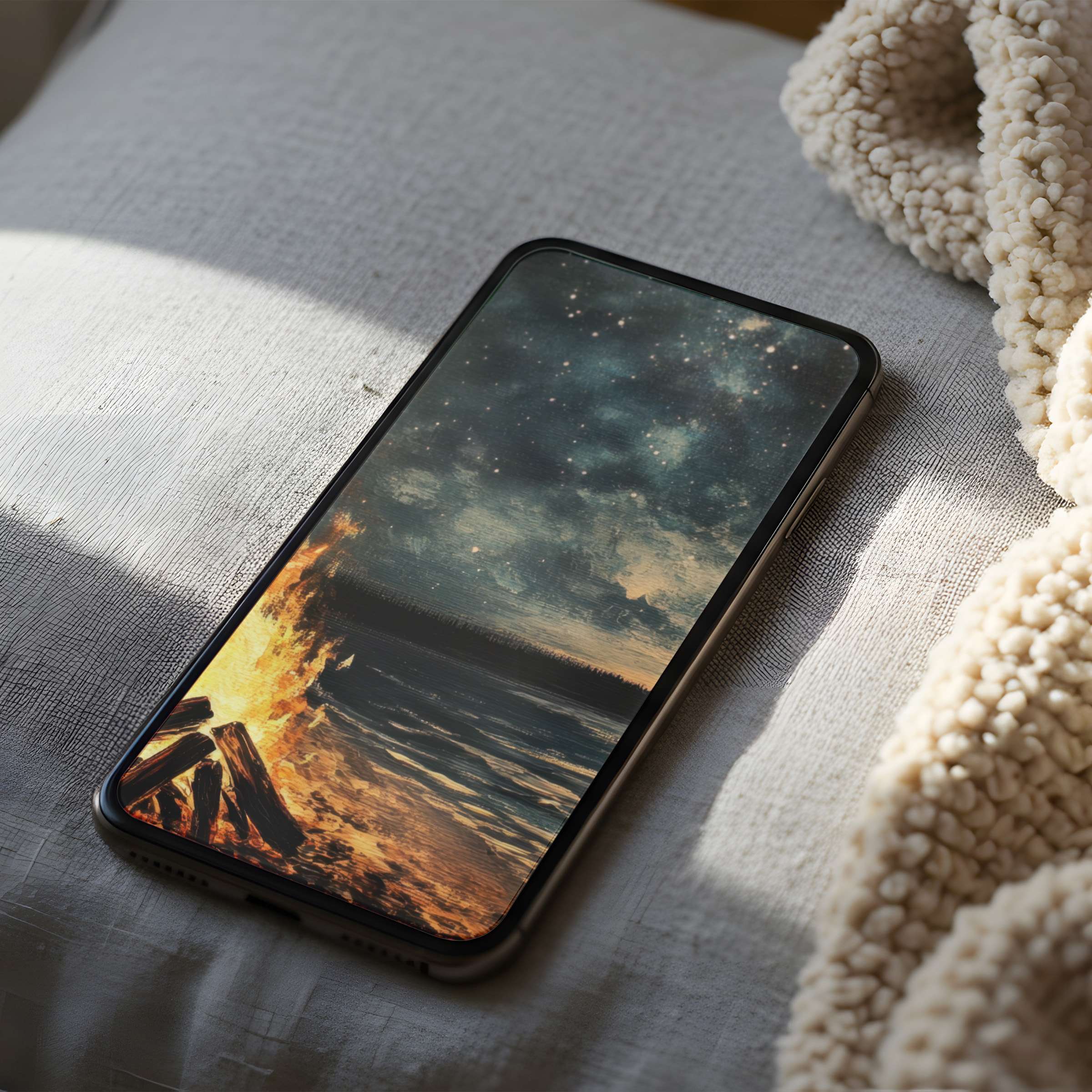 Elegant phone wallpaper showcasing a serene beach bonfire under a starlit sky, ideal for iPhone and Android digital download