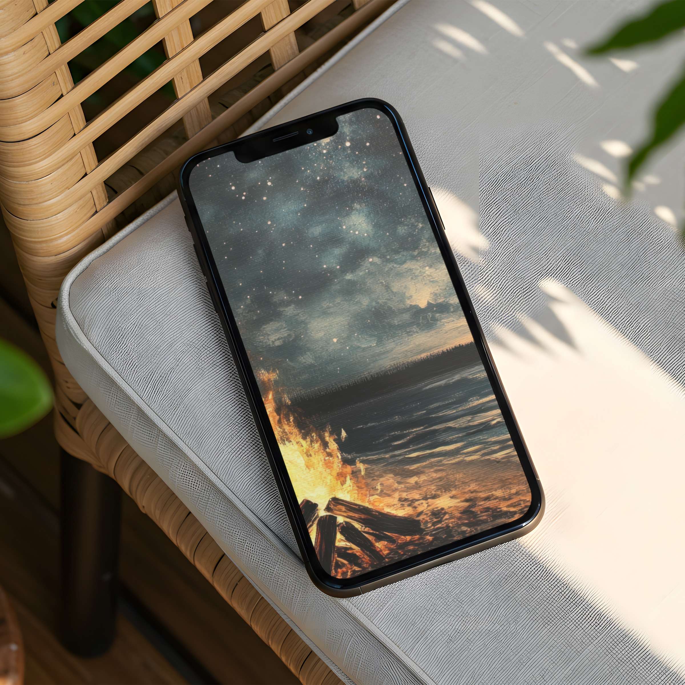 Elegant iPhone background with serene starry night and glowing campfire by the sea, available for instant download to inspire mindfulness on any phone