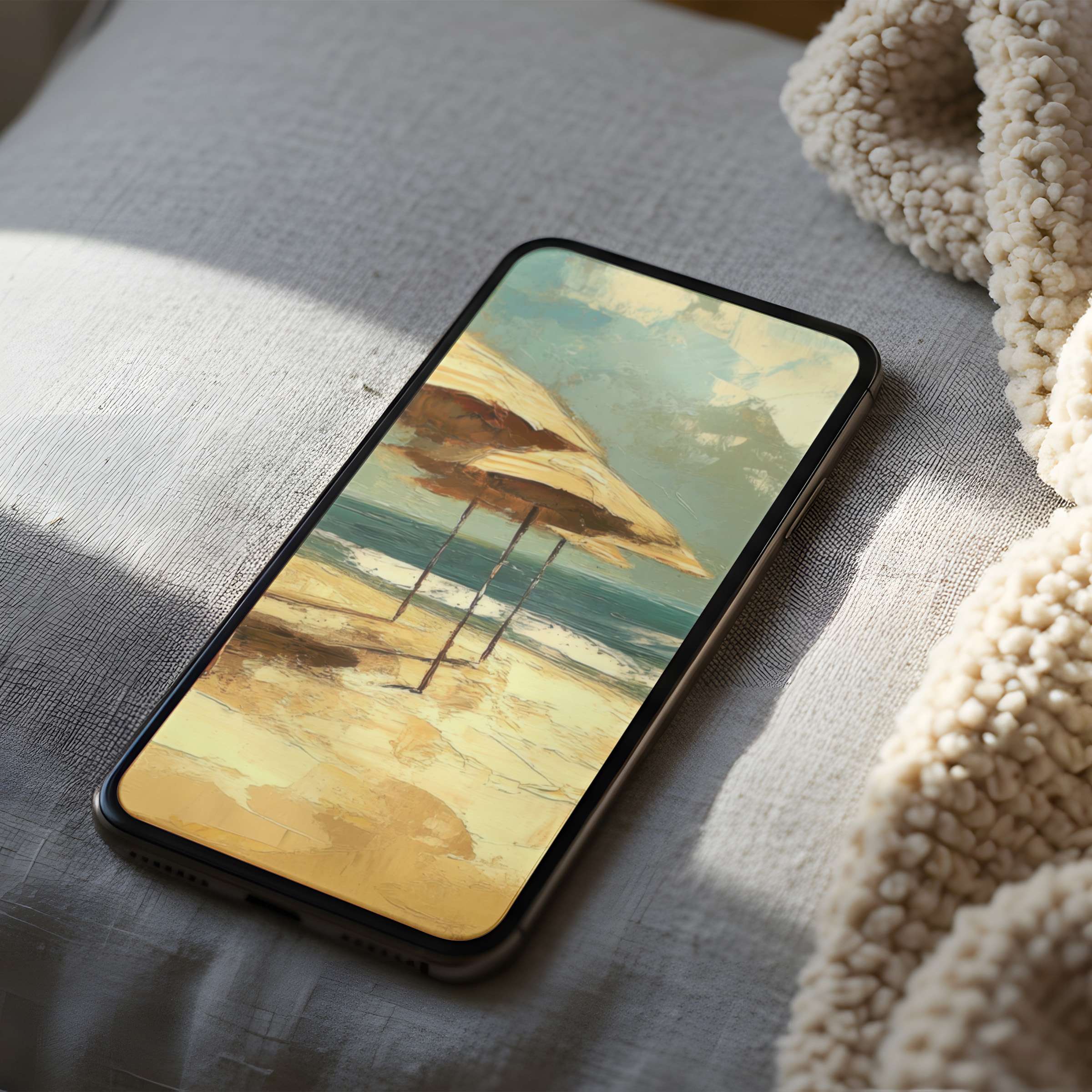 Beach umbrella phone wallpaper in soothing pastels offers high resolution, perfect for iPhone and Android digital download use