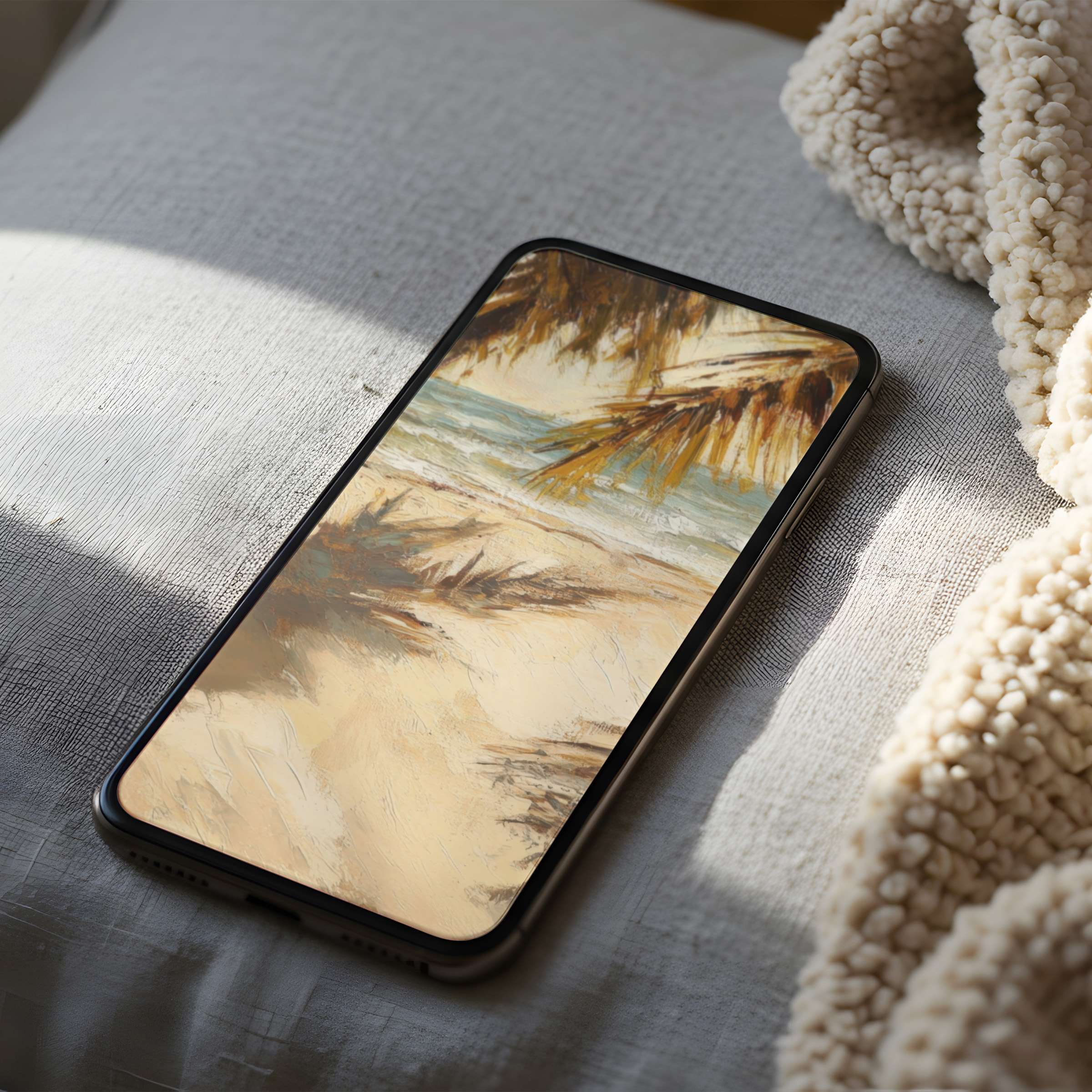 Calming high resolution beach scene phone wallpaper with warm tones and soft brush strokes perfect for iPhone or Android download