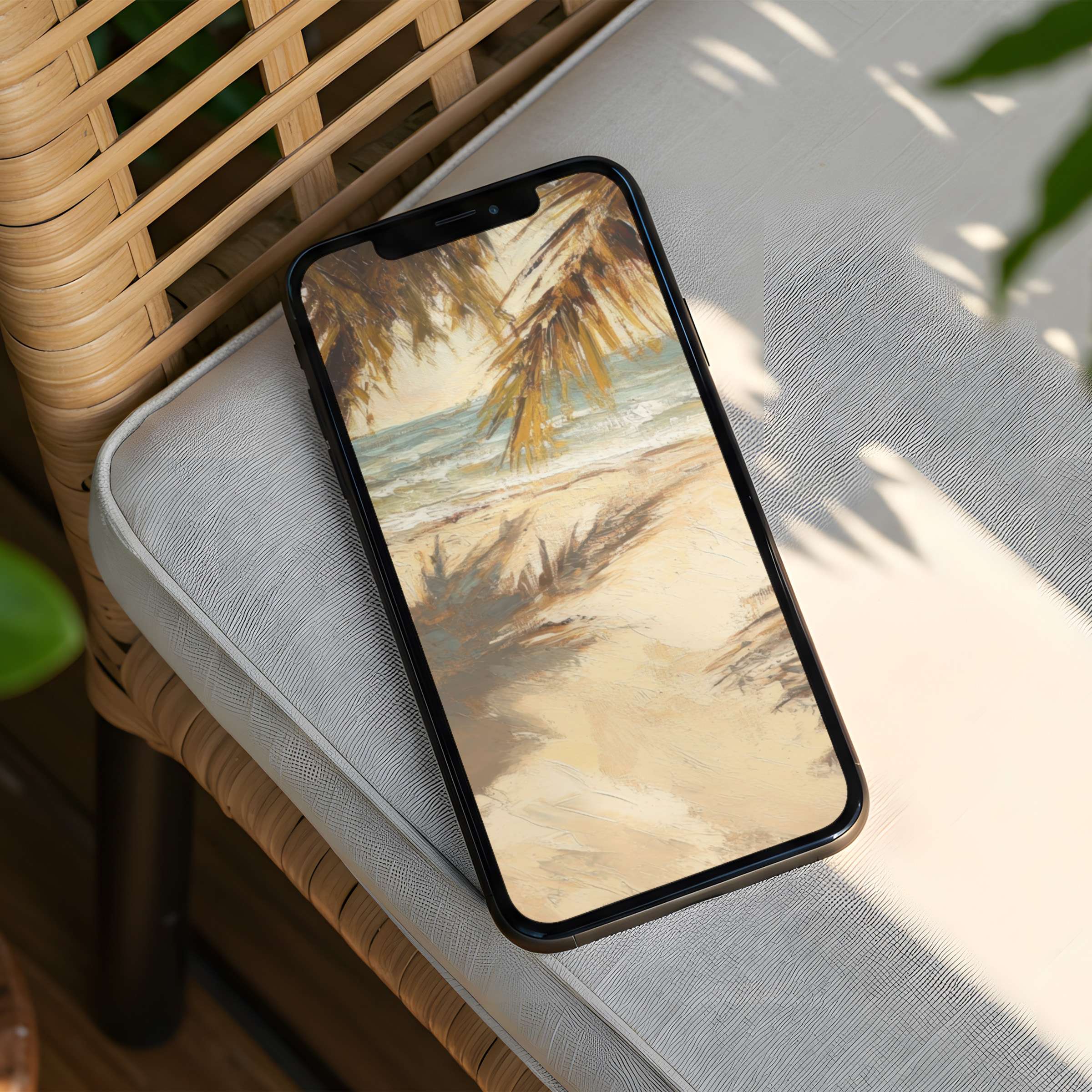 Calm beach scene iPhone background for instant download captures sunlit shore elegance inspiring mindfulness on your phone