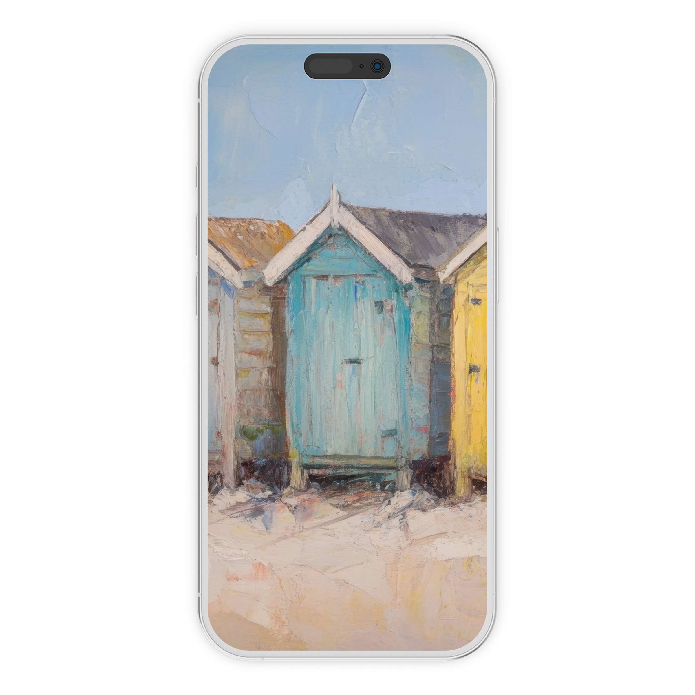 Beach iPhone wallpaper digital download features pastel beach huts with a serene vibe perfect for phone background on any device