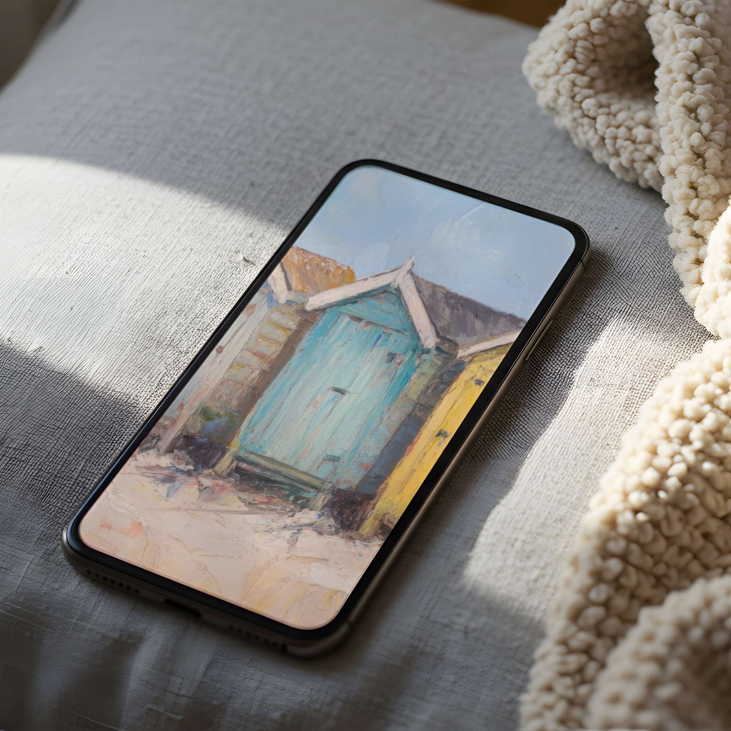 Elegant beach hut digital art phone wallpaper in soft pastel hues brings calm and charm to high-resolution smartphones for iPhone and android