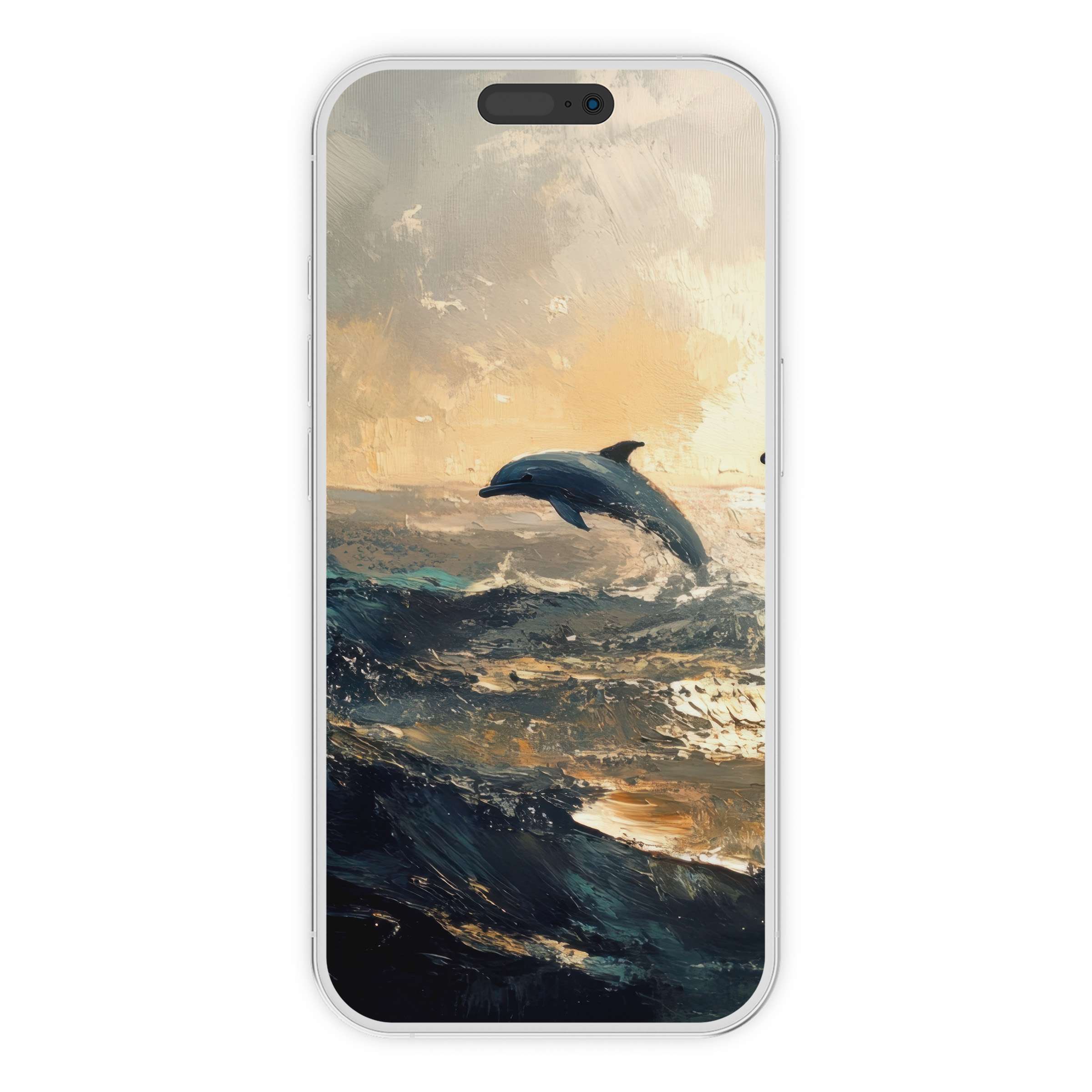 Elegant dolphin leap graces this beach iPhone wallpaper digital download with a serene sunset phone background for all devices
