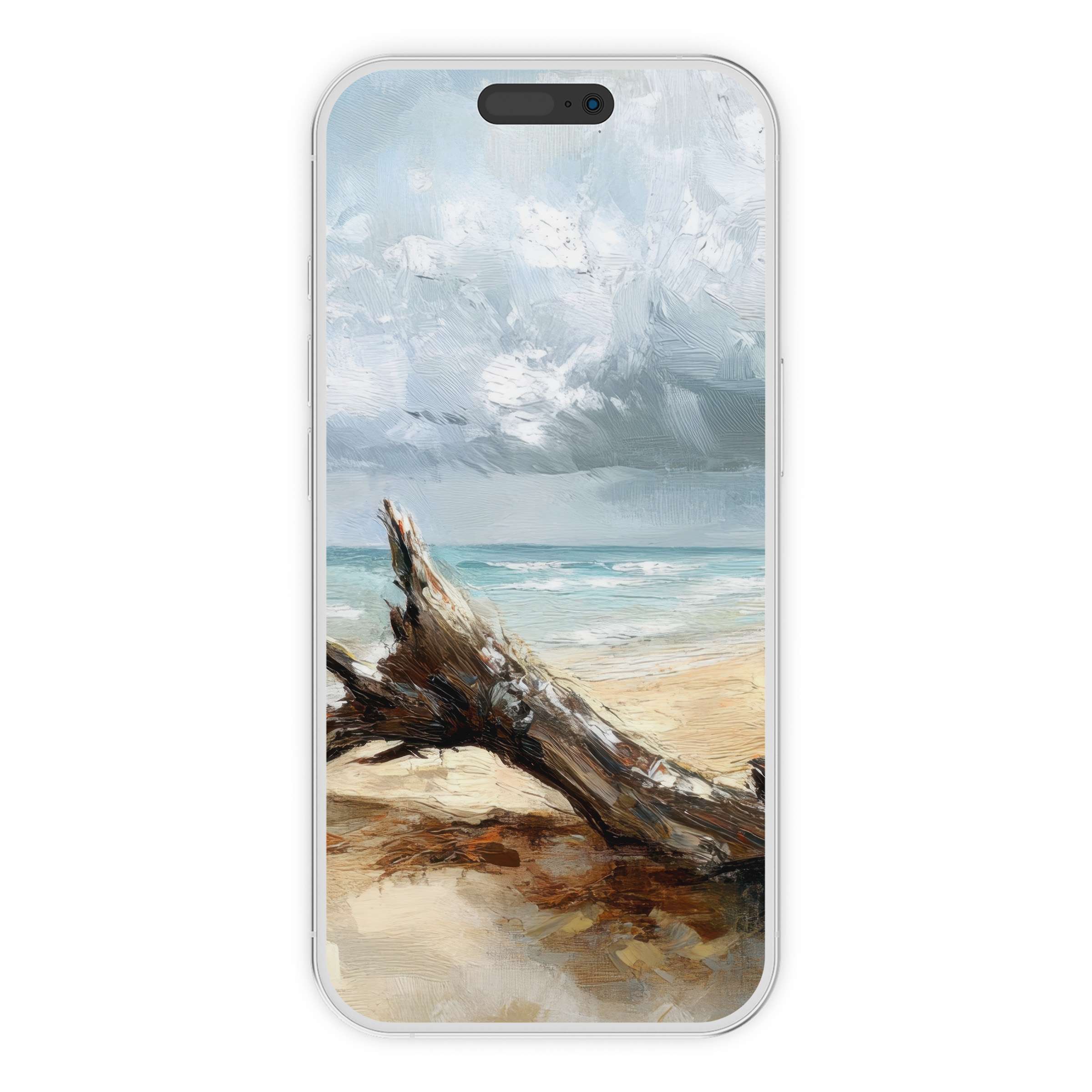 Elegant beach iPhone wallpaper featuring a serene driftwood scene with textured sky for calming phone background digital download