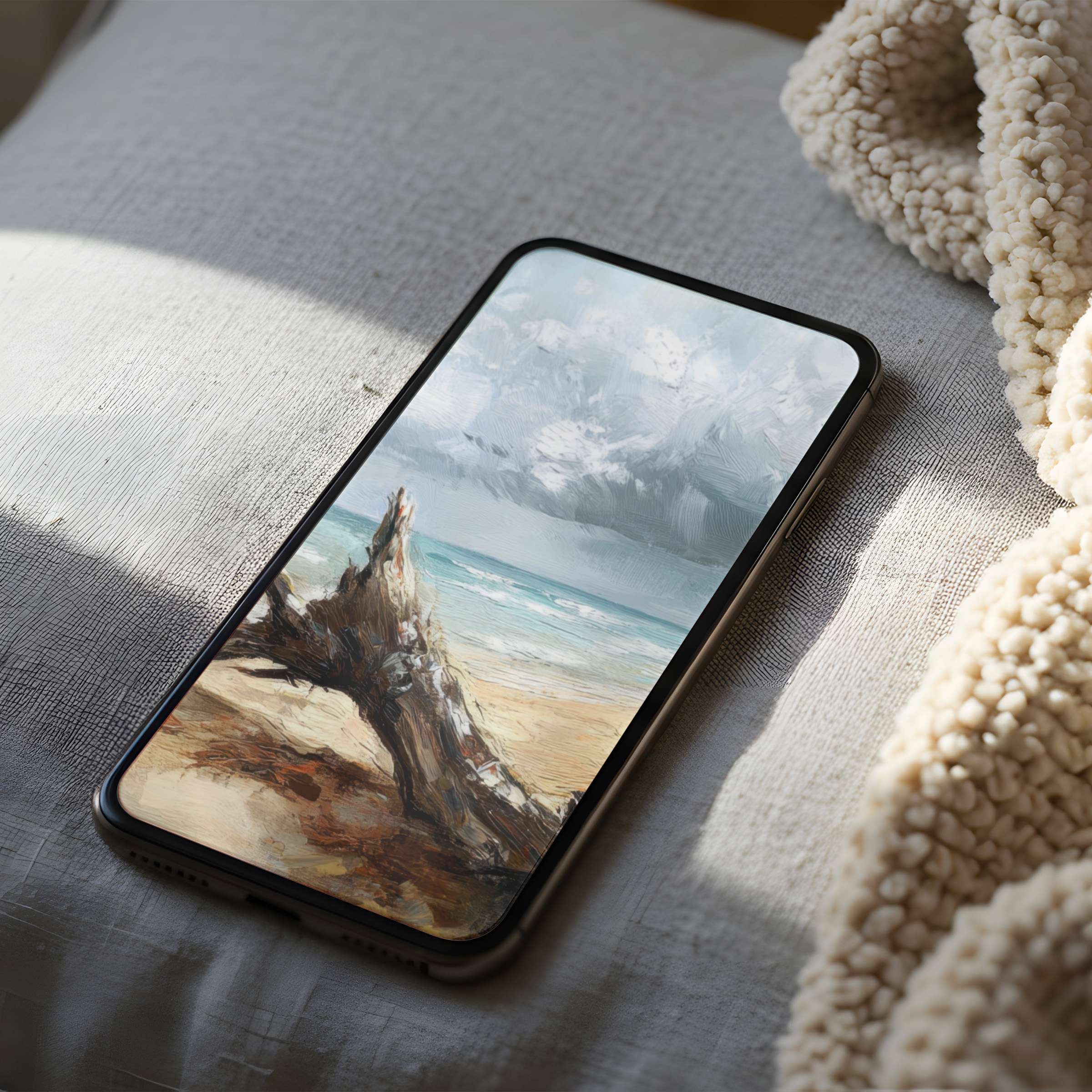 Elegant digital art beach scene phone wallpaper in high resolution perfect for iPhone and android offering calm serenity and style