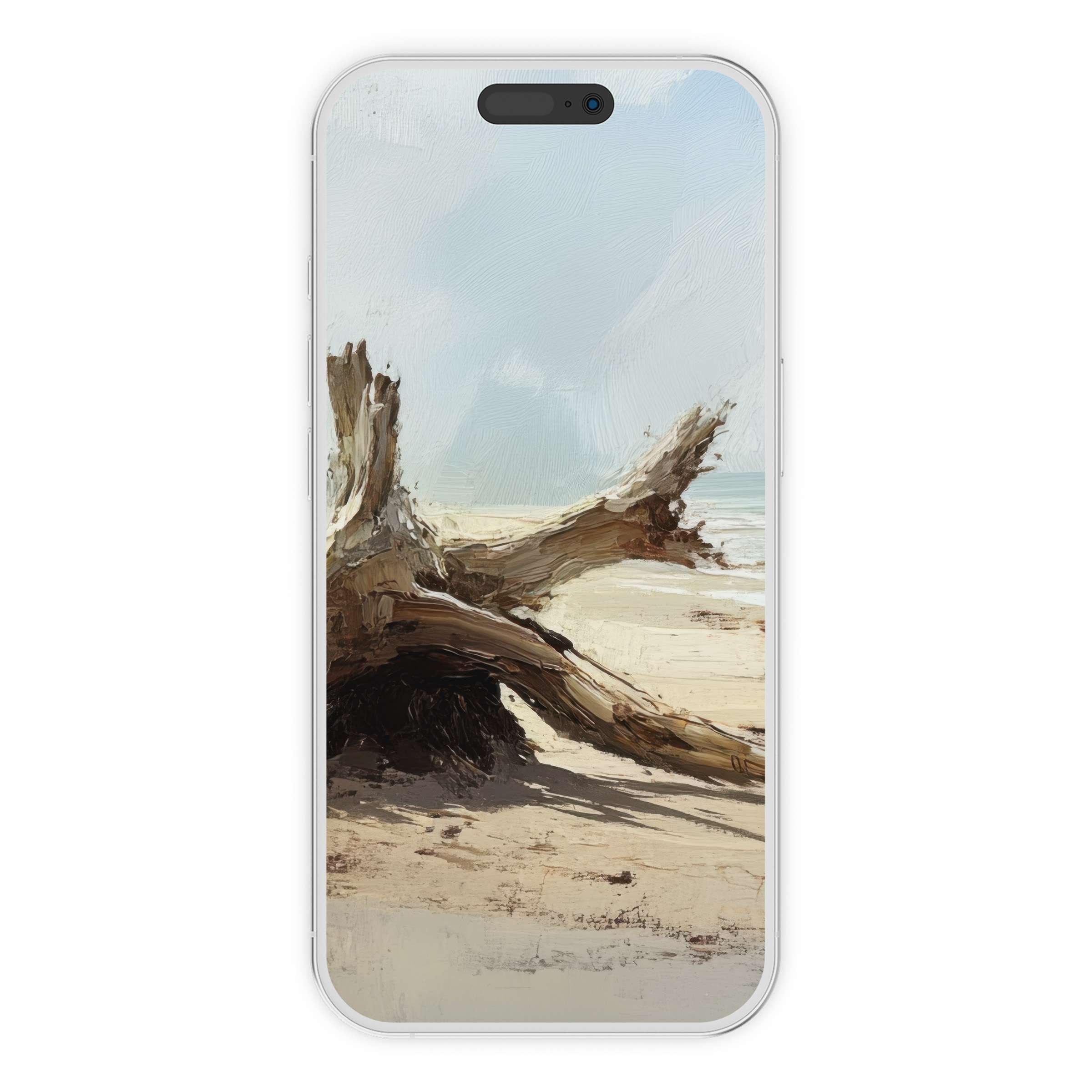 Elegant beach iPhone wallpaper showcasing a textured driftwood scene, perfect phone background for digital download and serenity