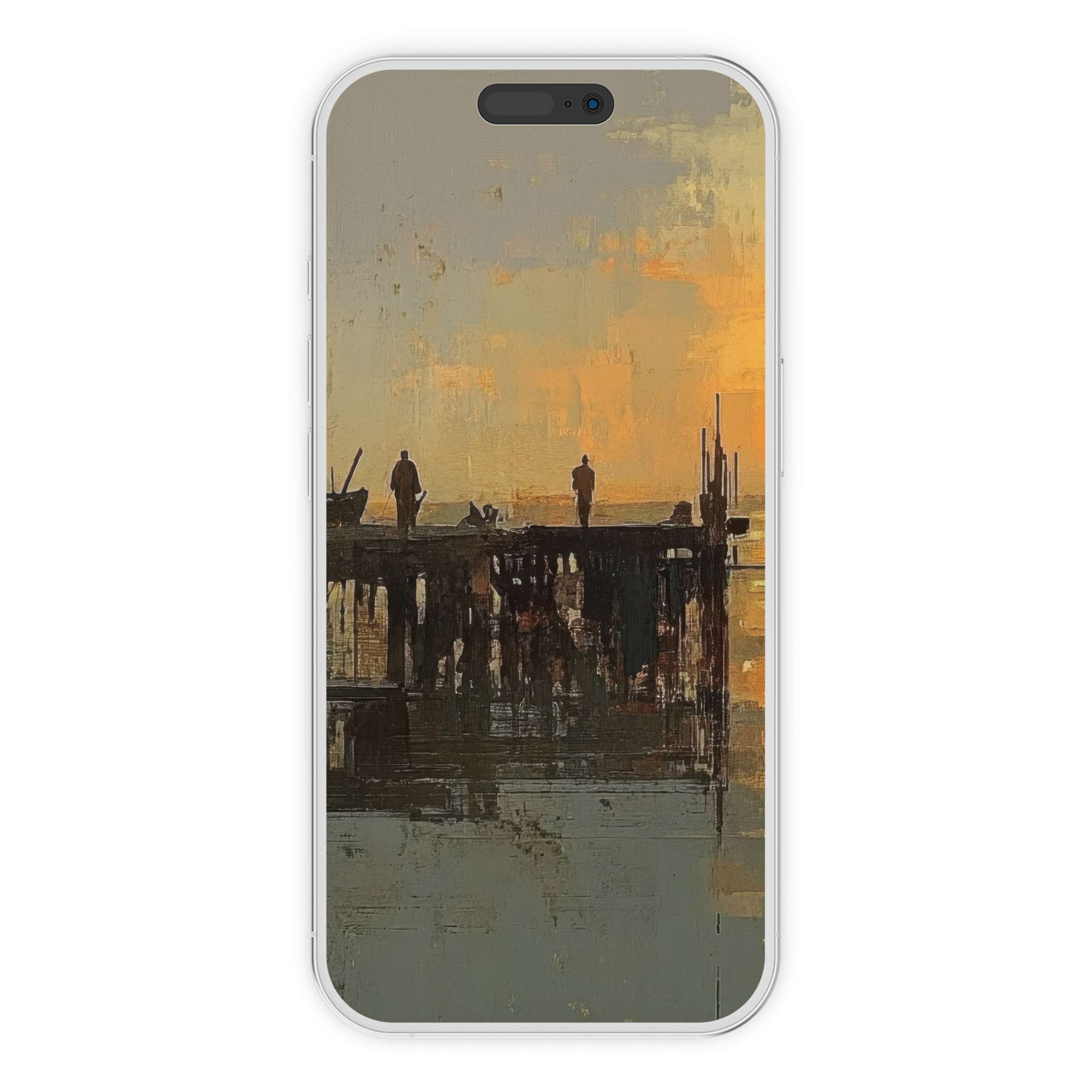Beach iPhone wallpaper with a serene sunset pier painted in warm earthy tones perfect for phone background digital download