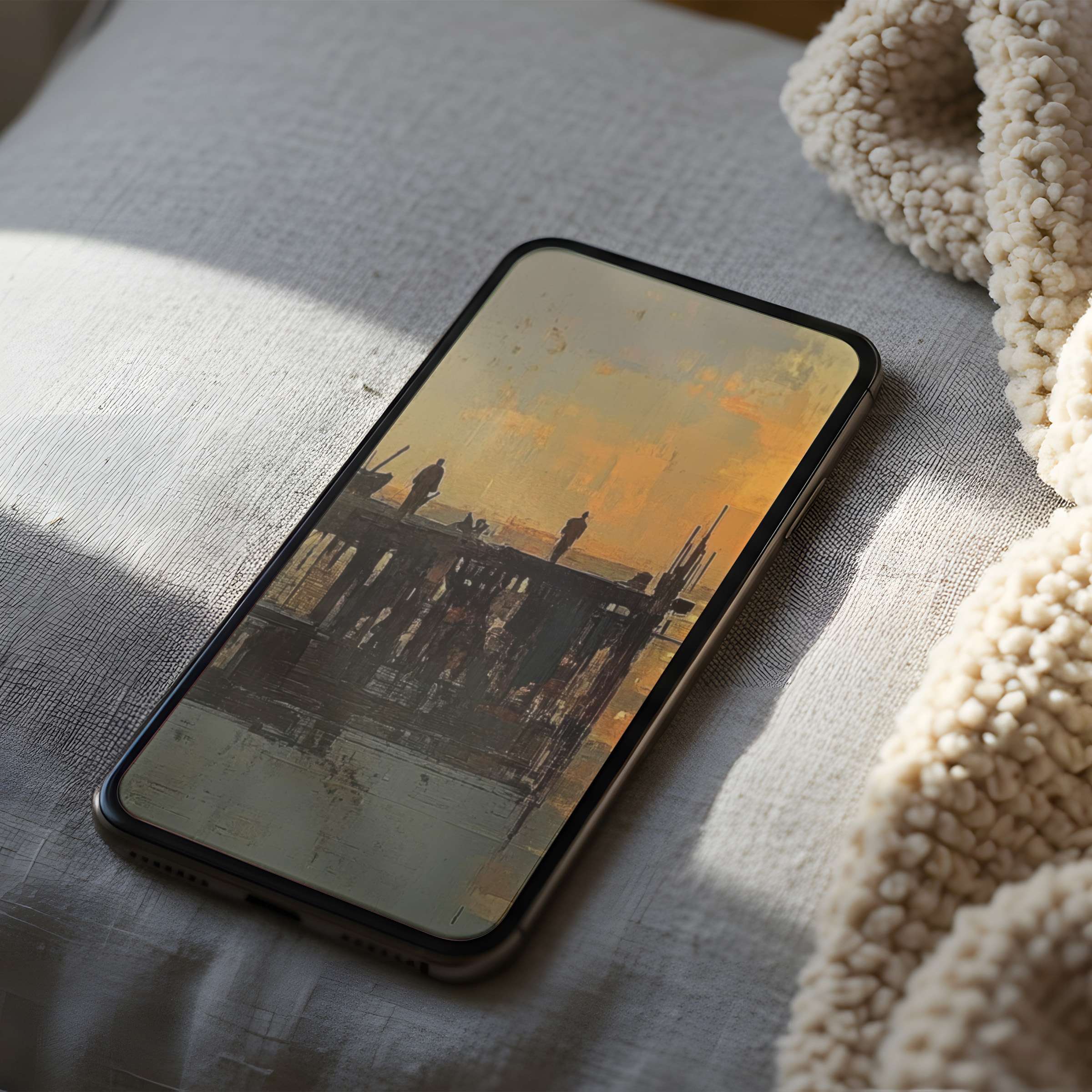 Sunset silhouette phone wallpaper evokes serenity with high-resolution art, perfect for iPhone and android digital download