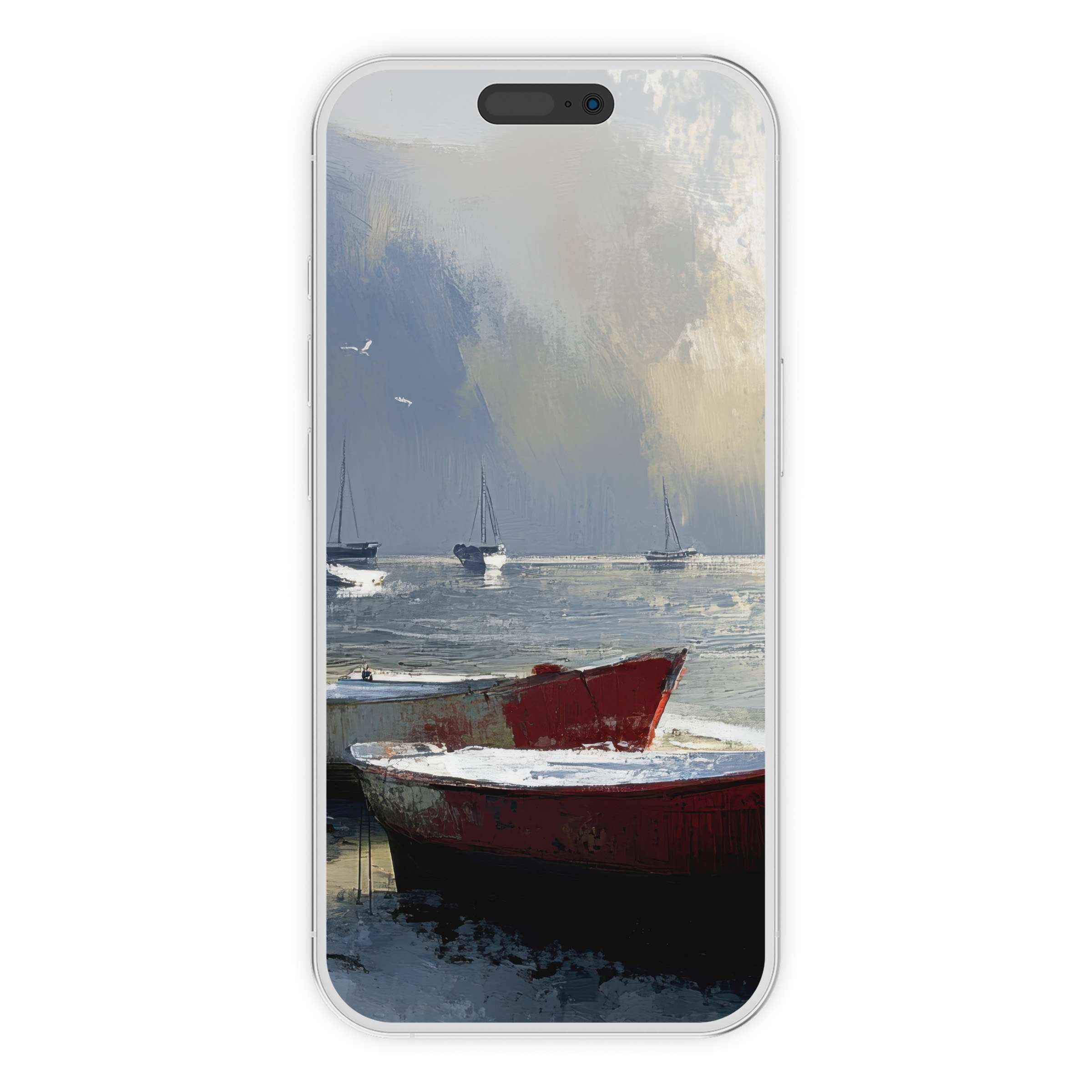 Elegant beach iPhone wallpaper featuring serene boats at sunset with textured brushstrokes offers a calming phone background digital download