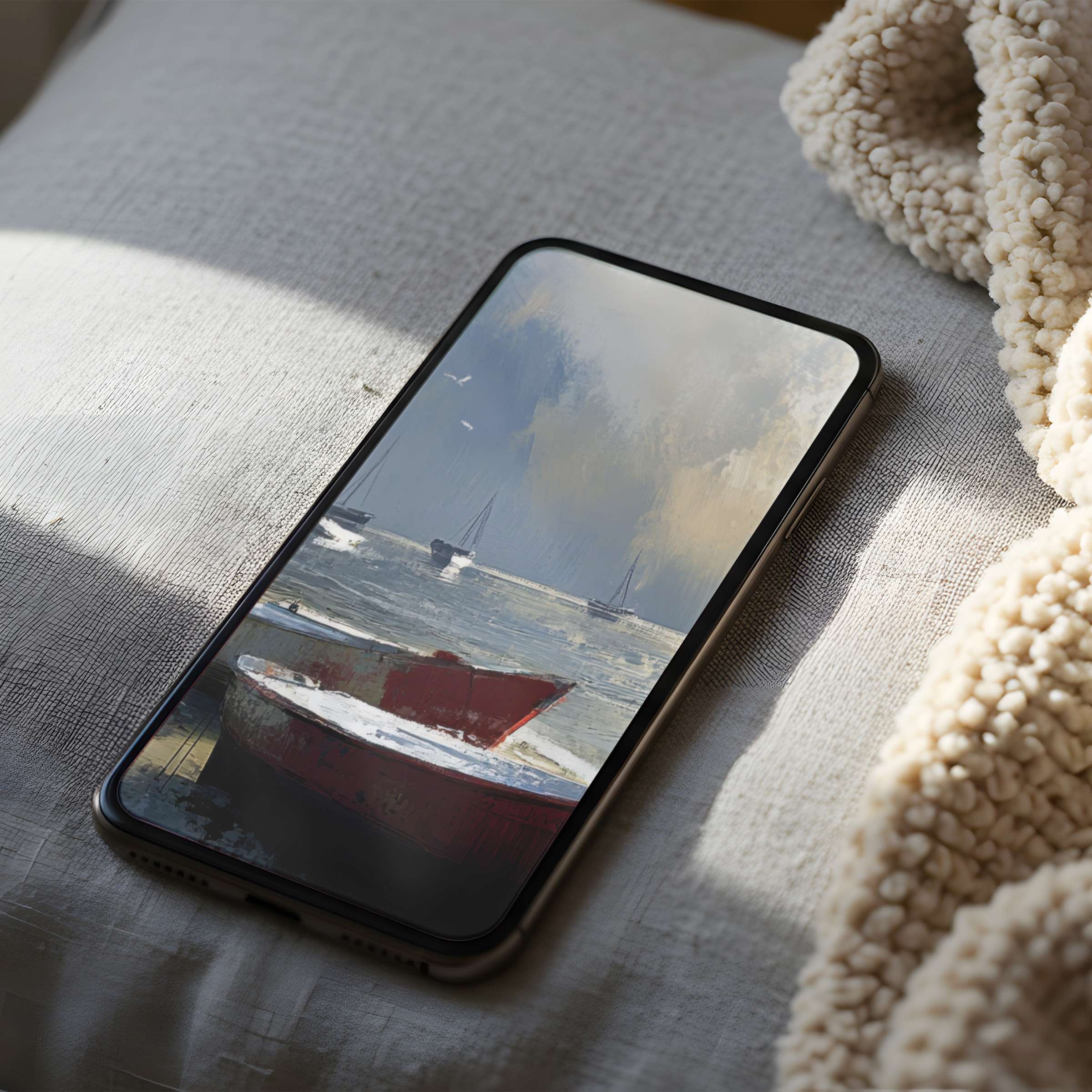 Serene coastal scene phone wallpaper featuring boats and calm seas in high resolution for iPhone and Android digital download