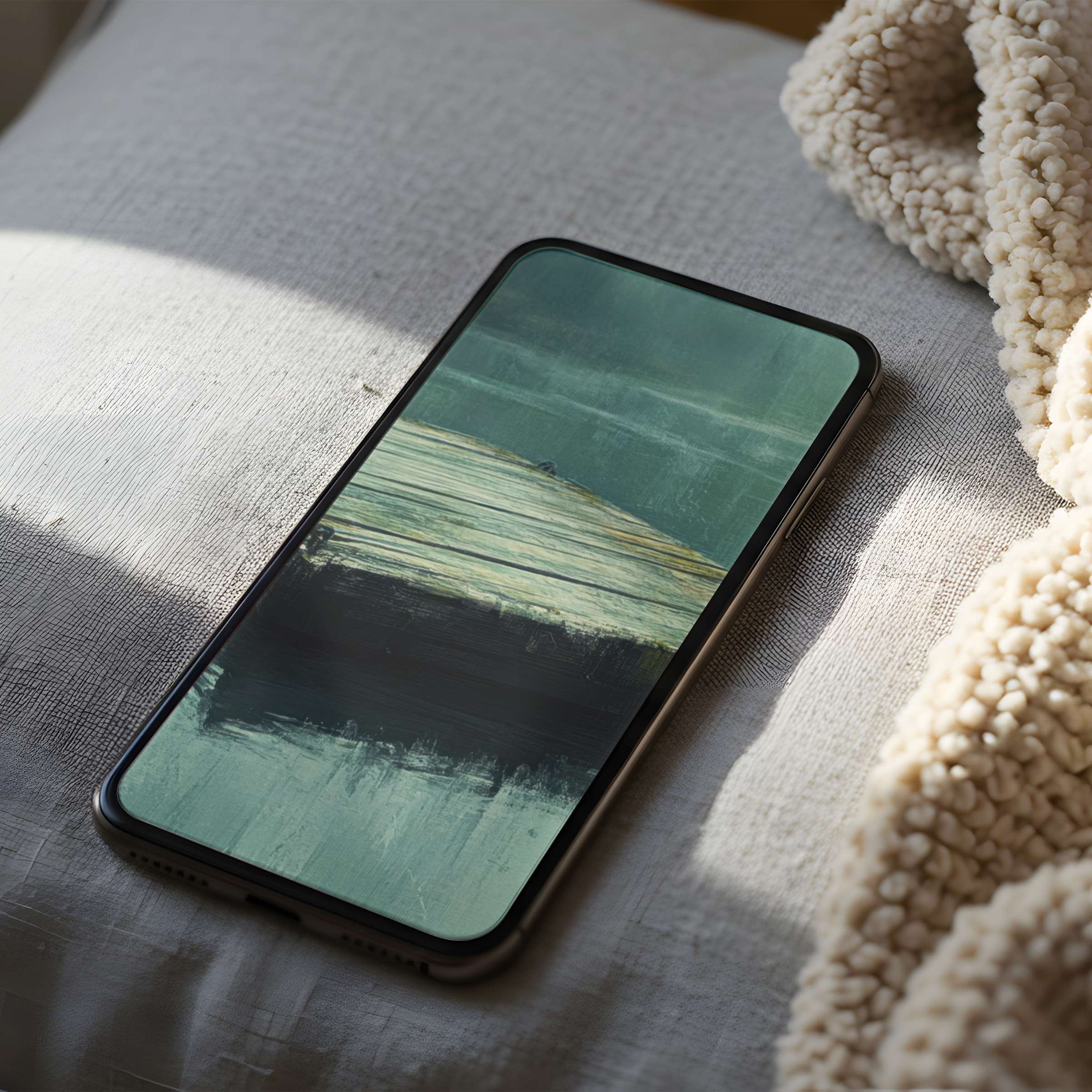Serene phone wallpaper featuring abstract wooden textures in soothing greens adds tranquility to your iPhone or Android screen, available for digital download