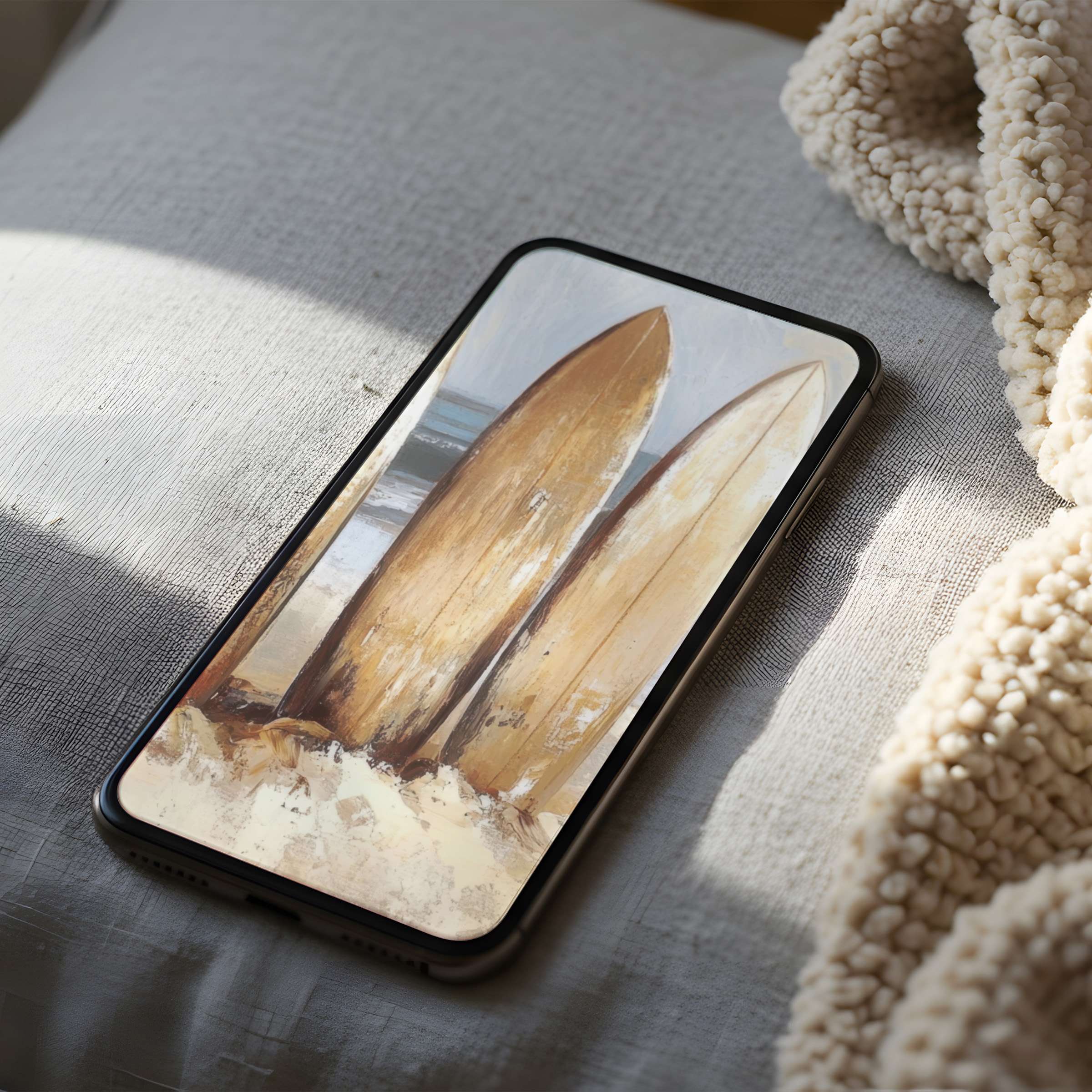 Serene coastal phone wallpaper featuring abstract surfboards evokes tranquility, ideal for iPhone and Android high-resolution screens, digital download