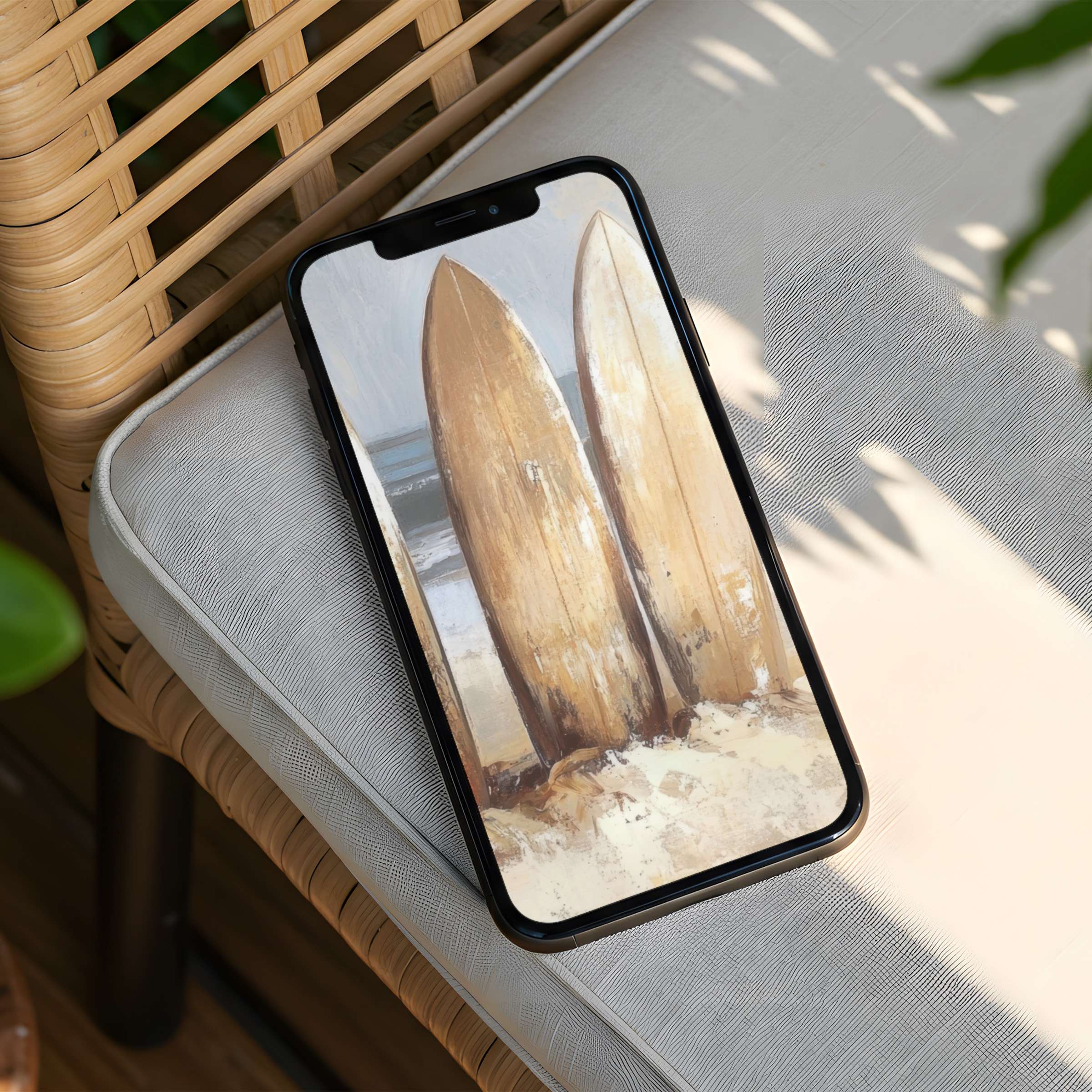 Elegant iPhone background featuring rustic surfboards in tranquil tones perfect for phone screens offers instant download for calm inspiration