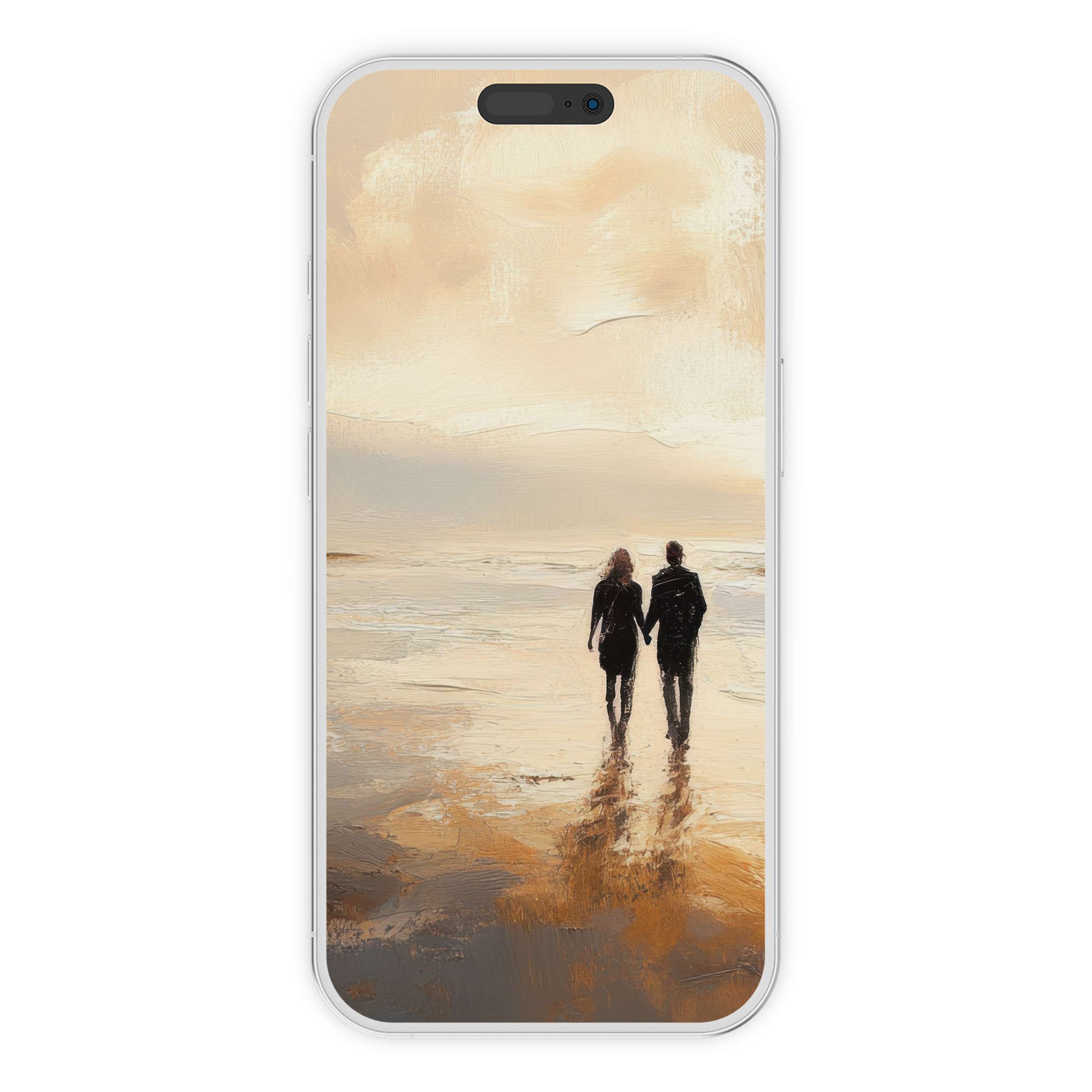 Dreamy beach iPhone wallpaper featuring a couple walking on a serene sunset shore, perfect phone background digital download for elegance
