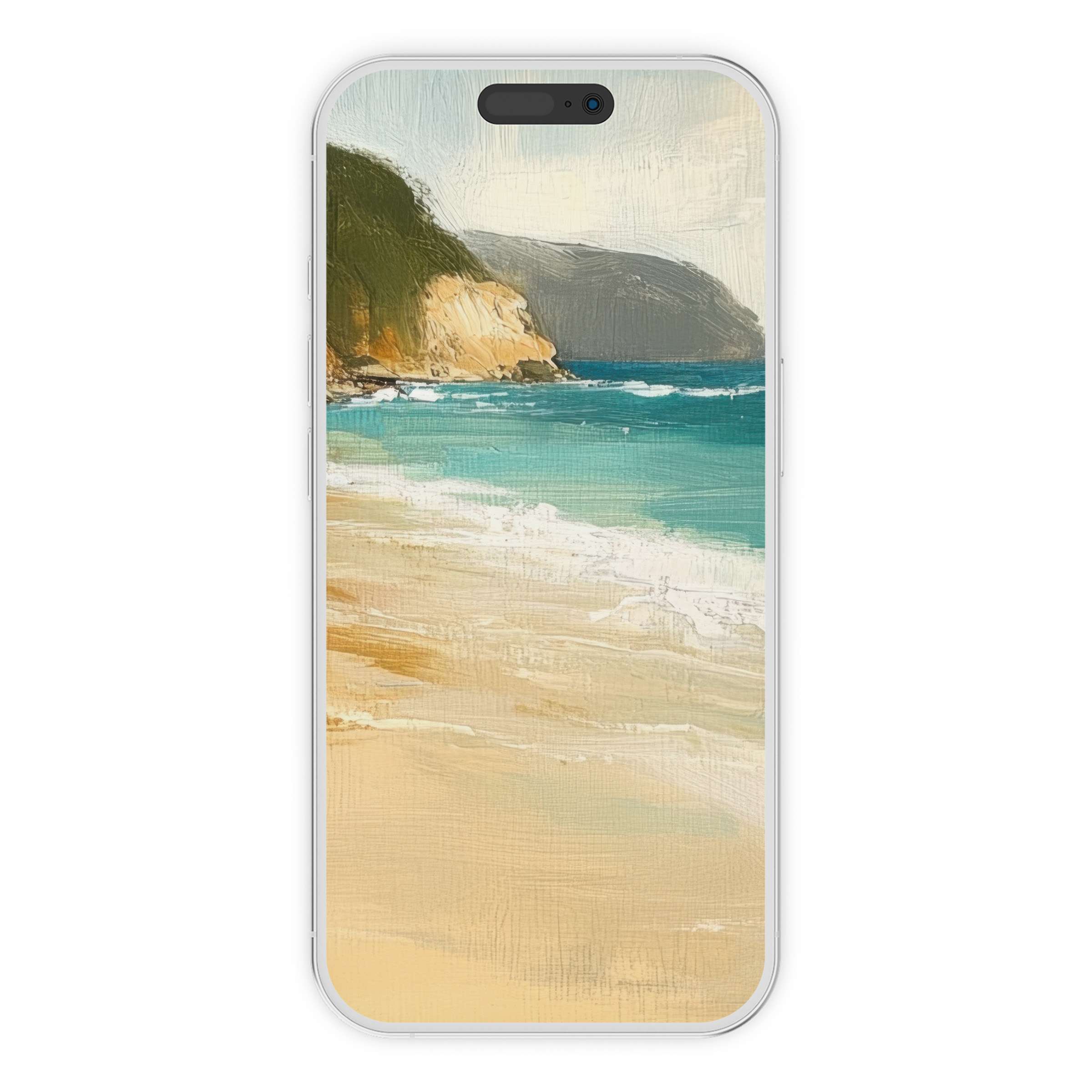 Serene beach iPhone wallpaper showcasing a textured digital download of turquoise waves and sandy shores, ideal for phone backgrounds