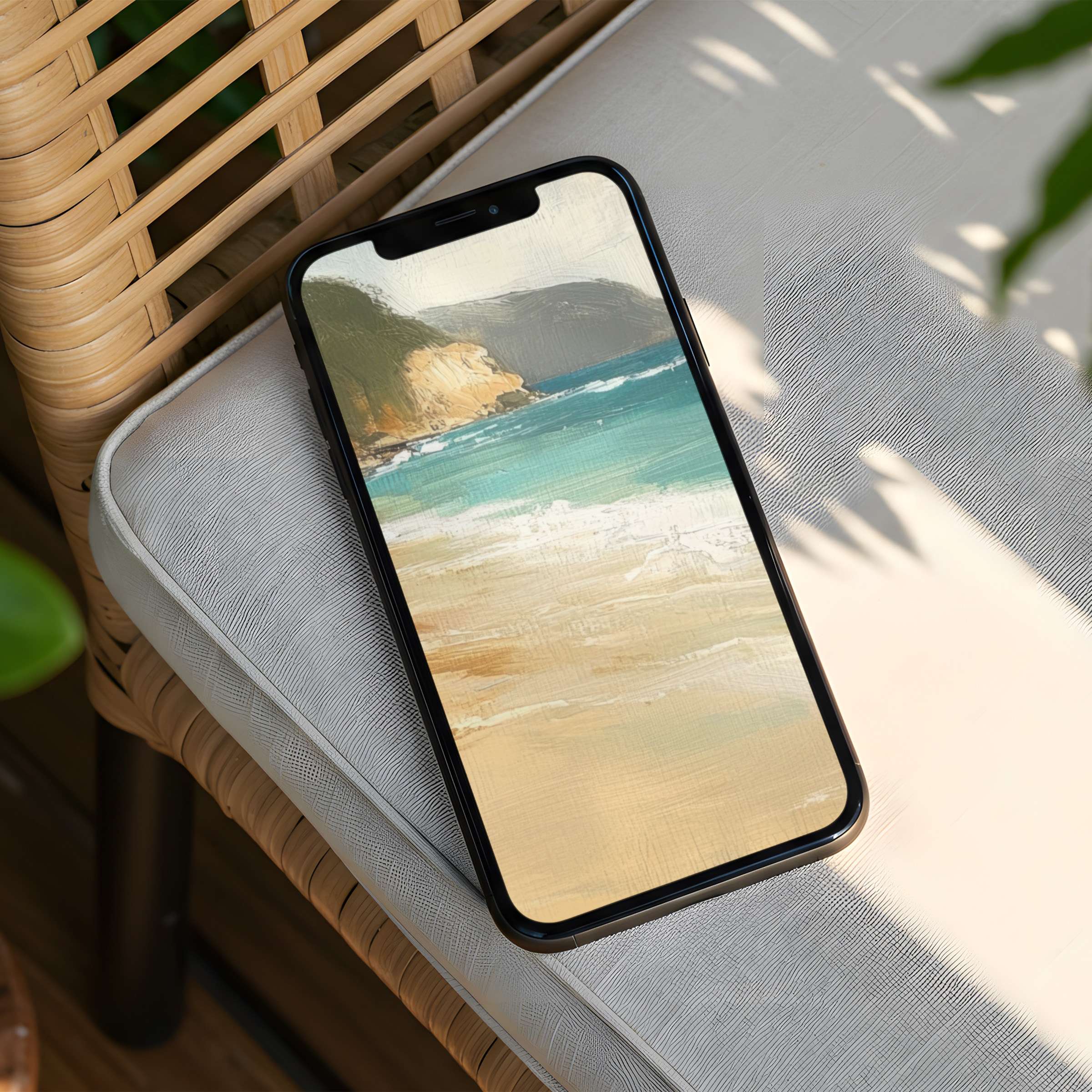 Calming beach scene iPhone background offers instant download for phones inspiring tranquility and elegant mindfulness in design