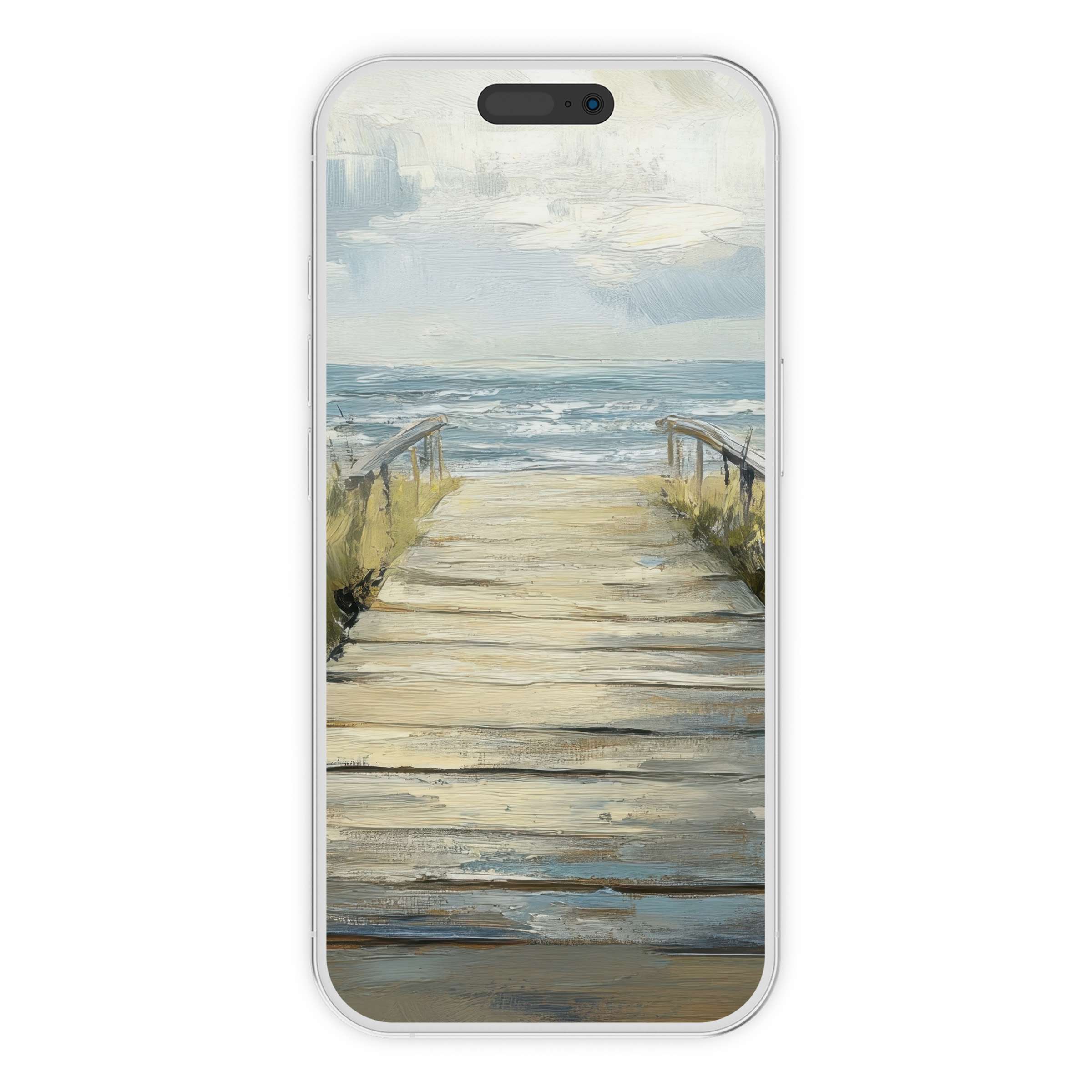 Calming beach iPhone wallpaper featuring a serene boardwalk, perfect as an elegant digital download phone background for tranquility