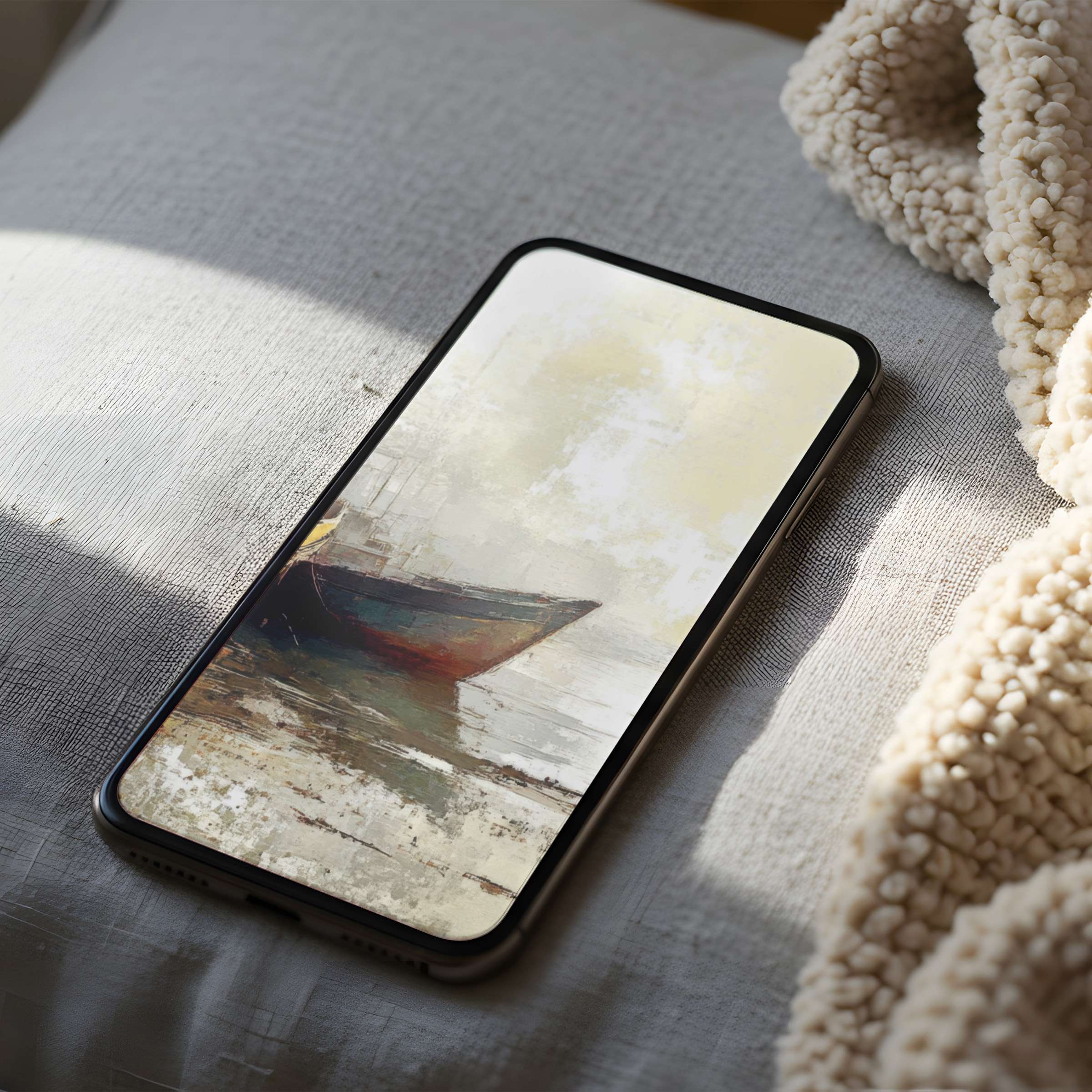 Elegant phone wallpaper featuring a serene, abstract boat painting in muted tones, ideal for iPhone and android high resolution downloads