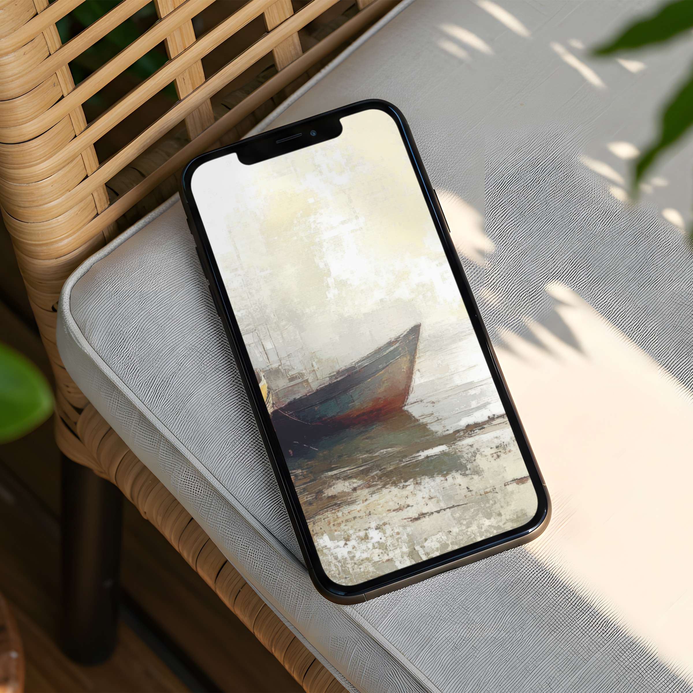Elegant iPhone background featuring serene boat art with soothing tones for instant download on any phone elevating mindfulness