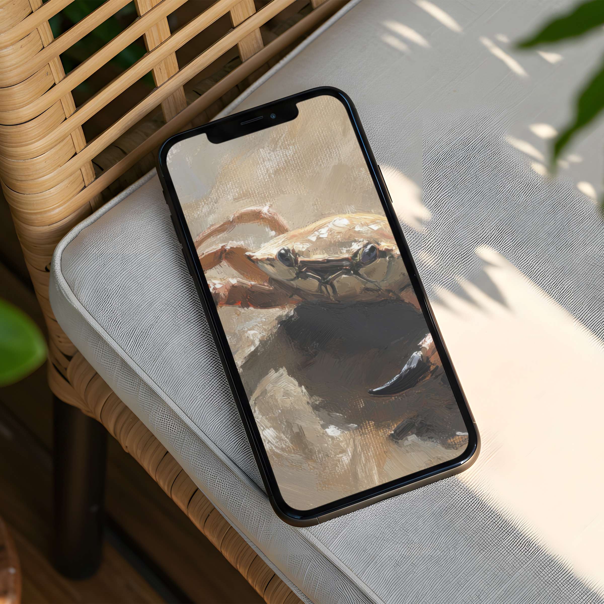 Elegant iPhone background featuring serene crab art in earthy tones, perfect for instant download to inspire calm on your phone