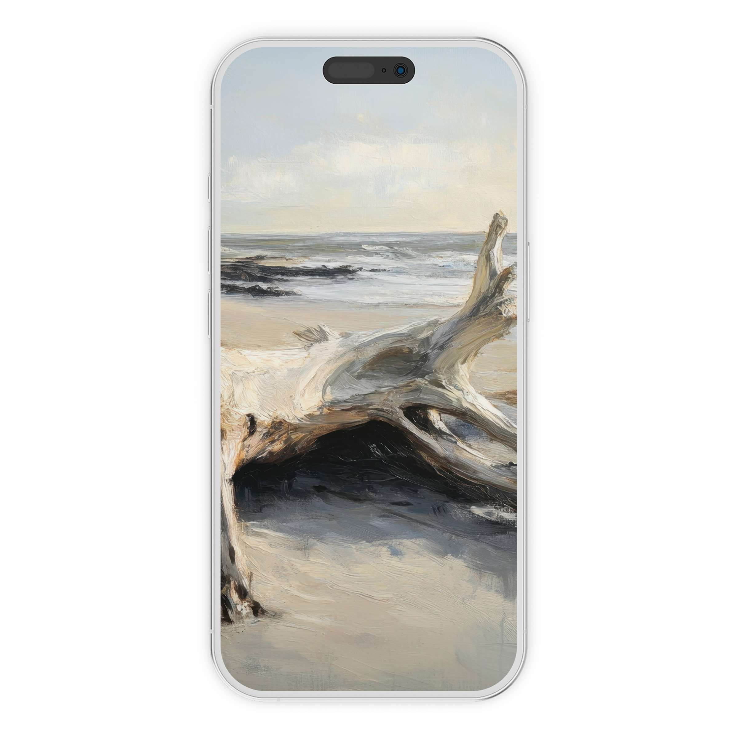 Calming driftwood beach iPhone wallpaper with textured waves and soft hues for an elegant phone background digital download suitable for all devices