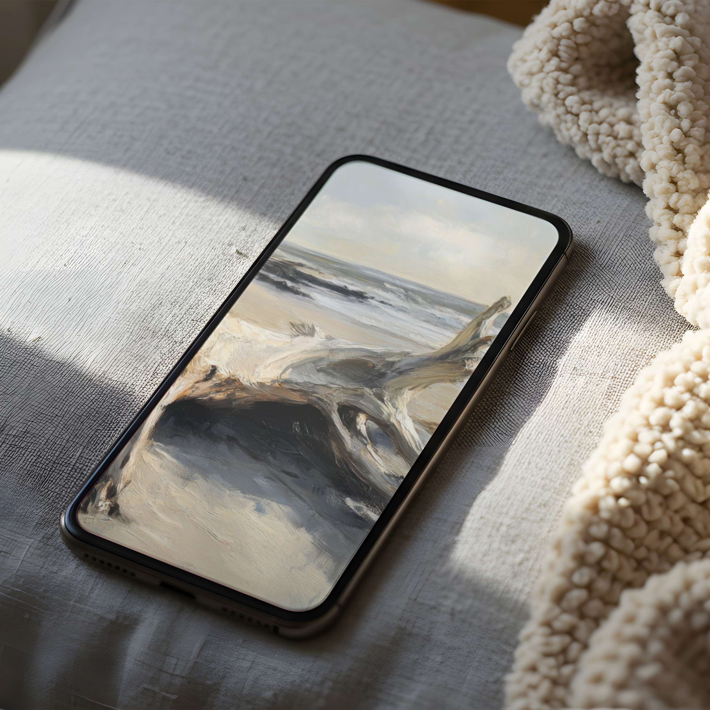 Elegant driftwood and ocean scene phone wallpaper offers peaceful vibes and high resolution, perfect for iPhone and android phones