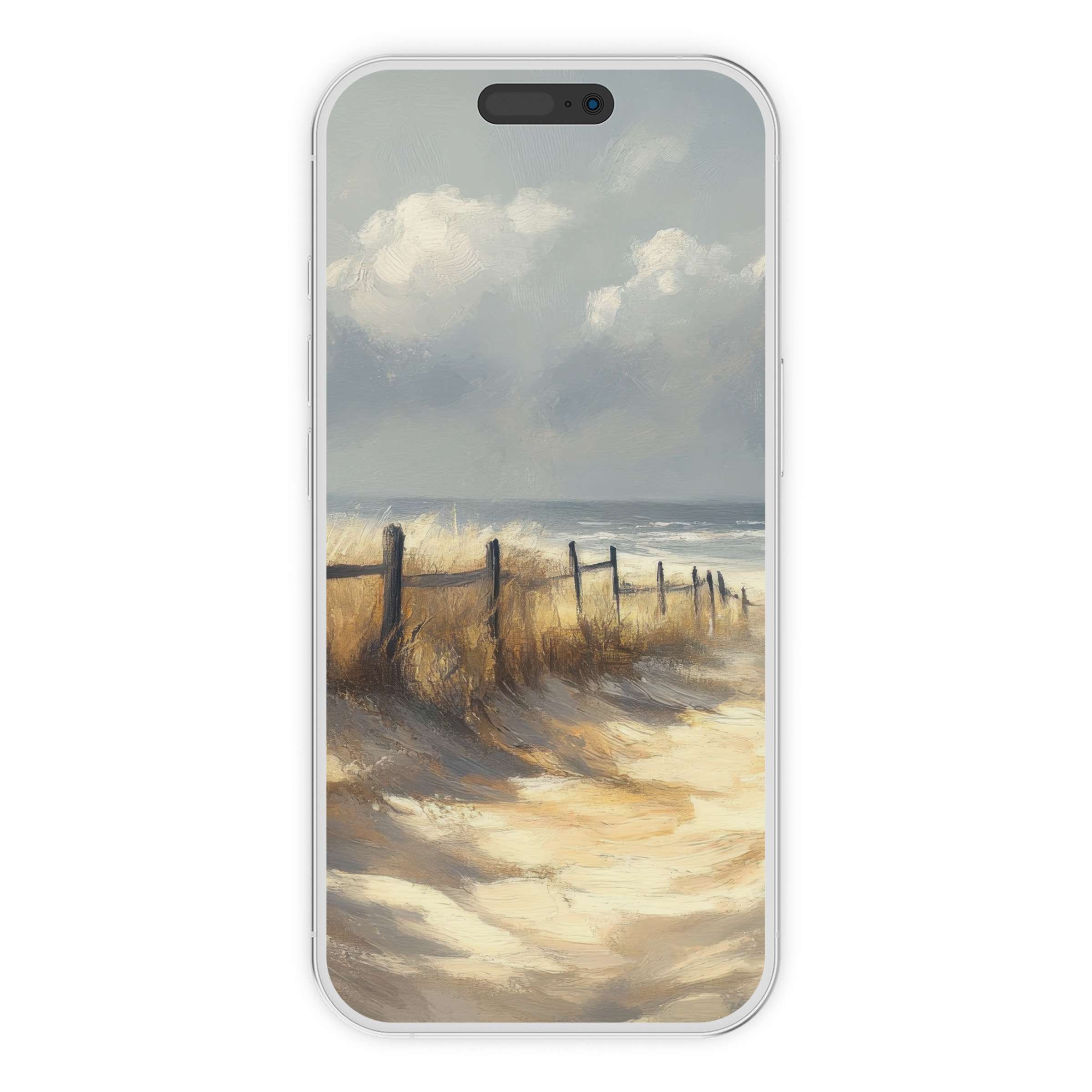 Calm your senses with a serene beach iPhone wallpaper featuring a painted dune scene, a perfect digital download phone background