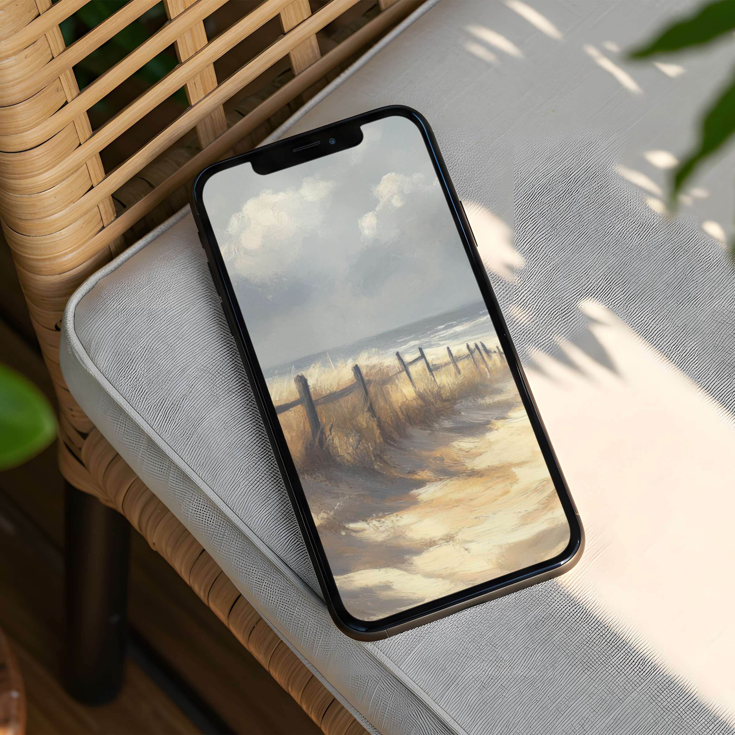Serene coastal landscape iPhone background in soft pastels inspires calm and mindfulness available for phone instant download