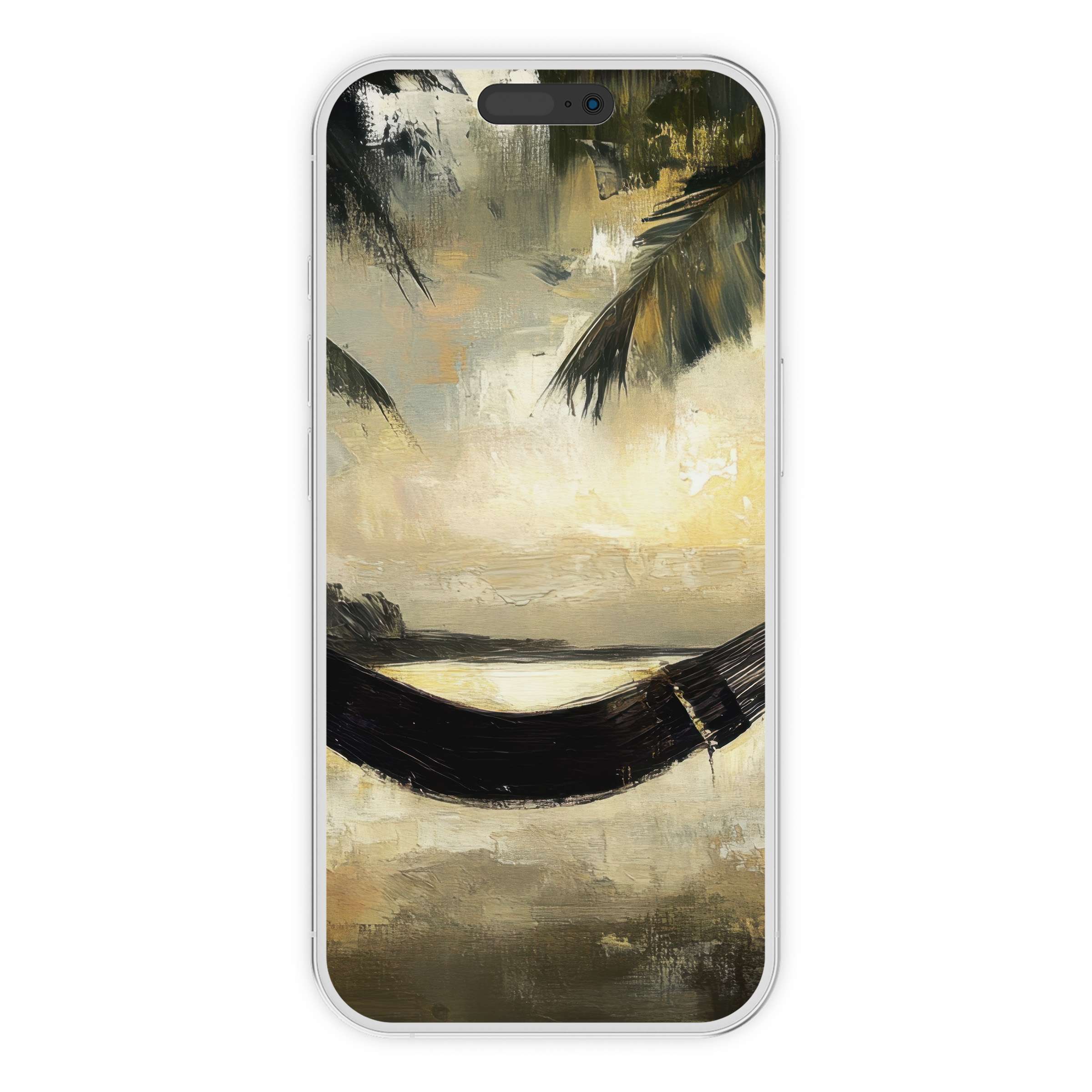 Elegant beach iPhone wallpaper with calming sunset hues and palm silhouettes, perfect phone background for digital download and inspiration