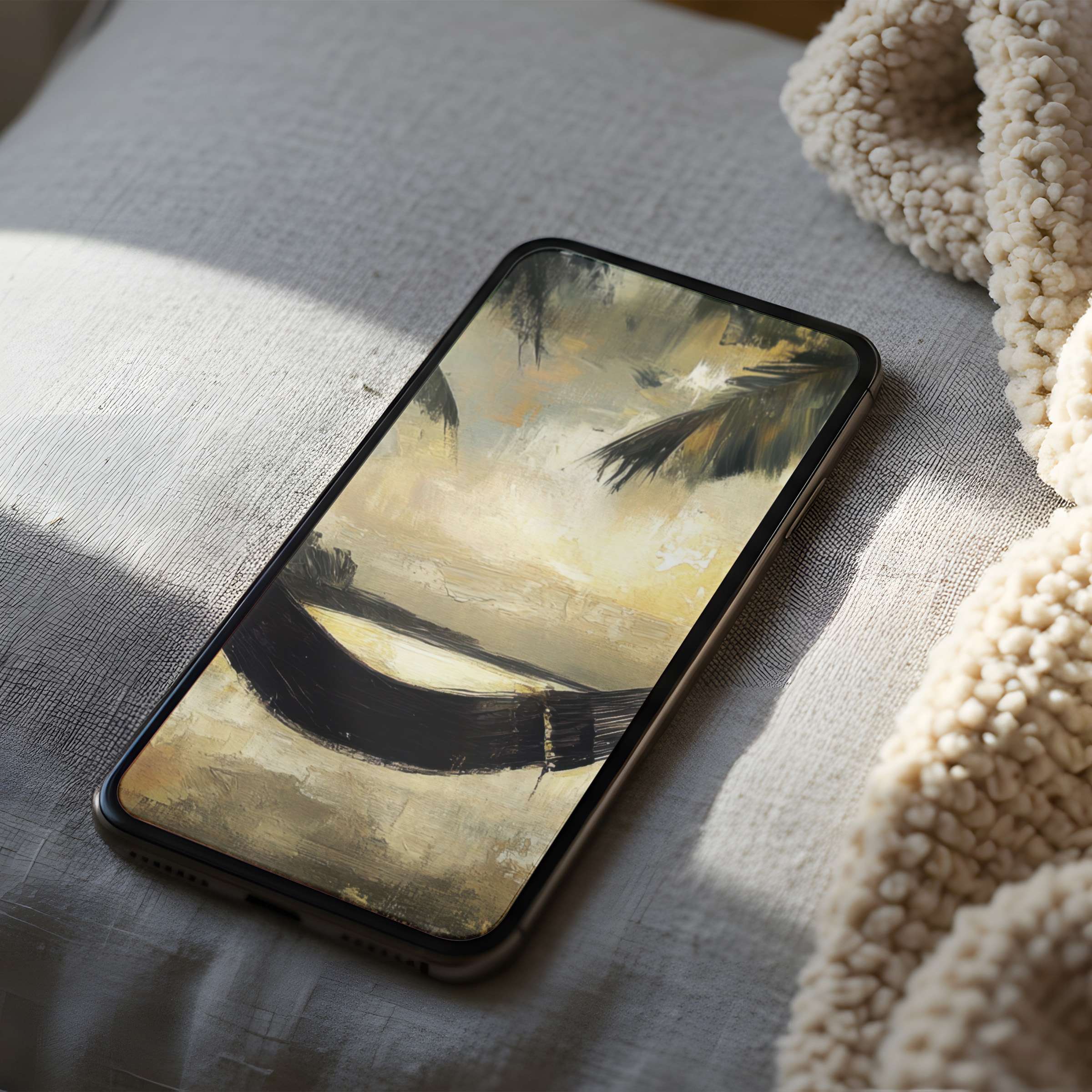 Elegant abstract phone wallpaper showcasing serene earth tones and brushstroke motif perfect for iPhone digital download enhancing calm ambiance