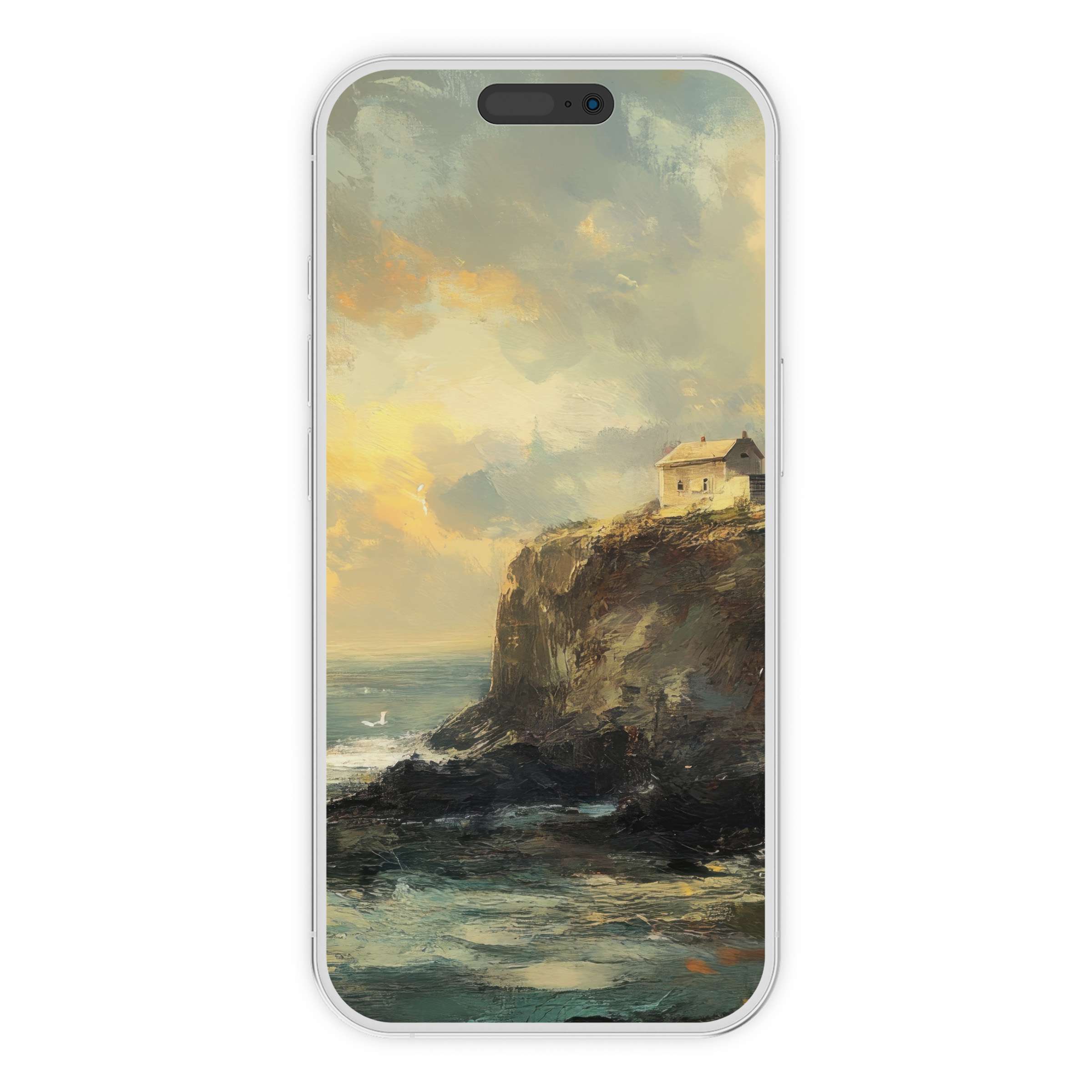 Serene beach iPhone wallpaper with a cliffside house, sunset hues, ideal digital download for phone background art lovers