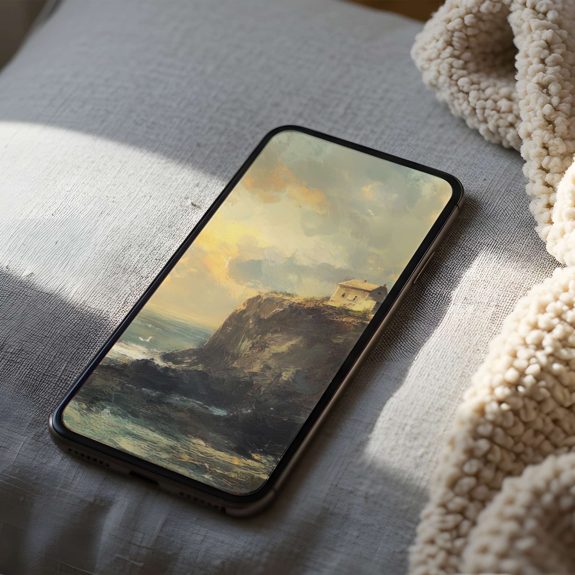 Elegant coastal painting as phone wallpaper, offering a serene, high-resolution motif suitable for iPhone and Android digital downloads