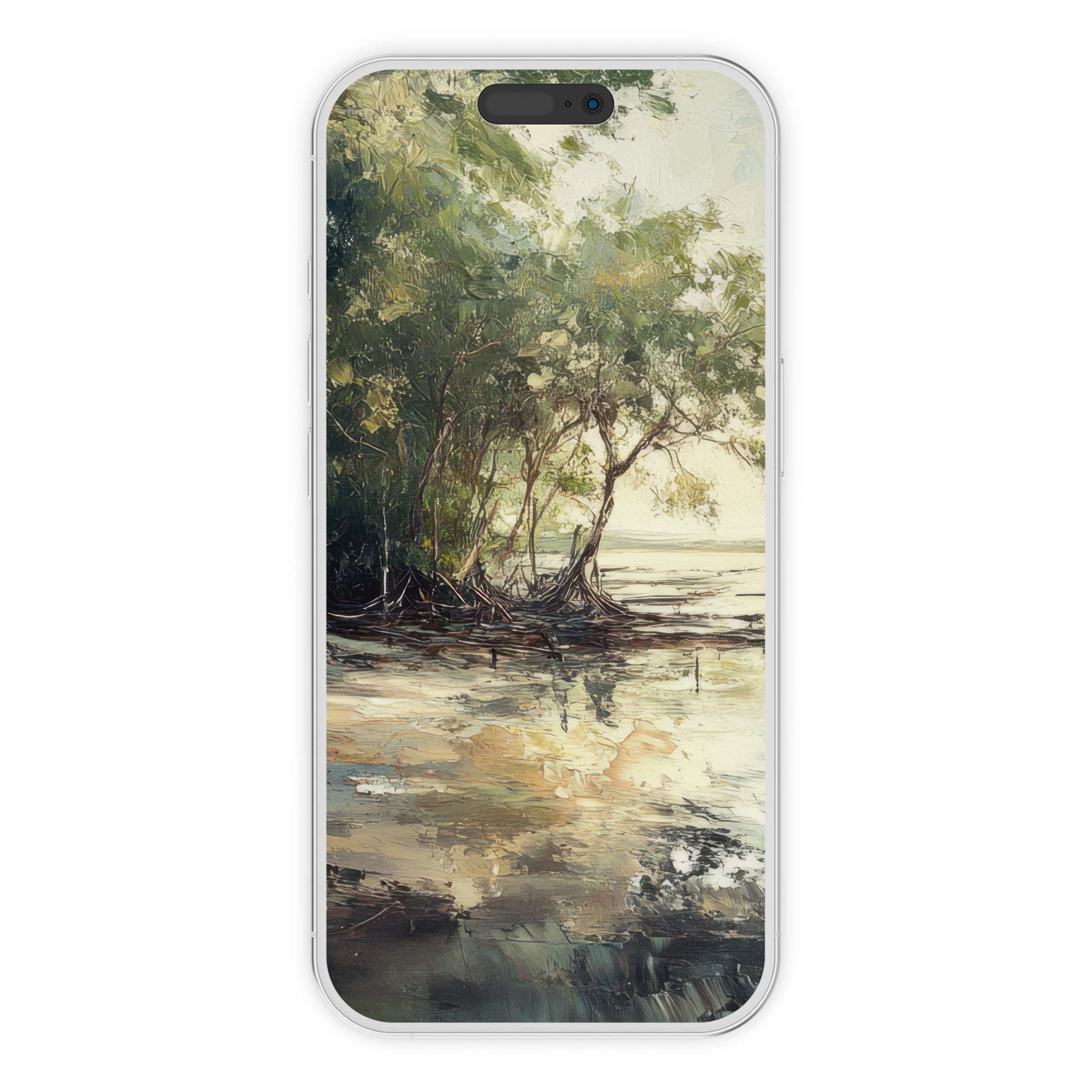 Tranquil beach iPhone wallpaper with serene trees and water, elegant digital download background for phone screens, sustainable art
